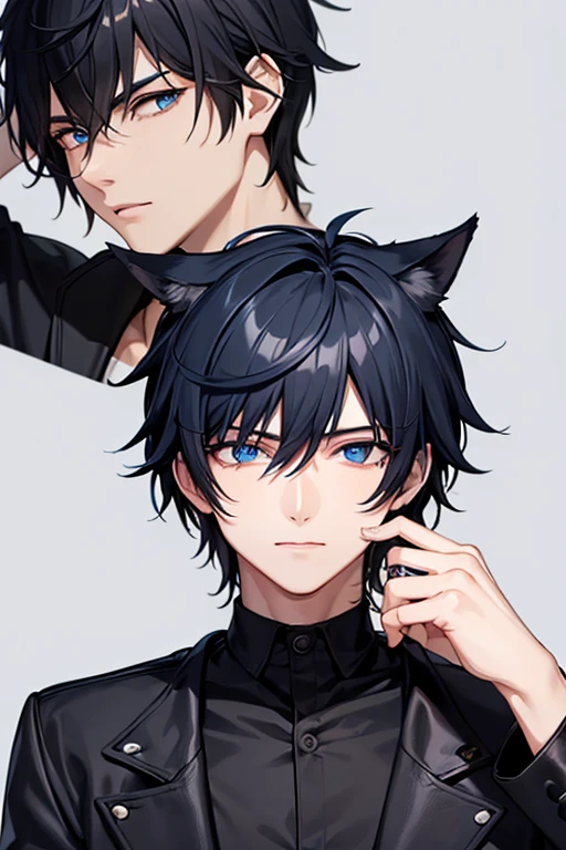 male character Medium black hair and dark blue tip with blue eyes also with cat pulps