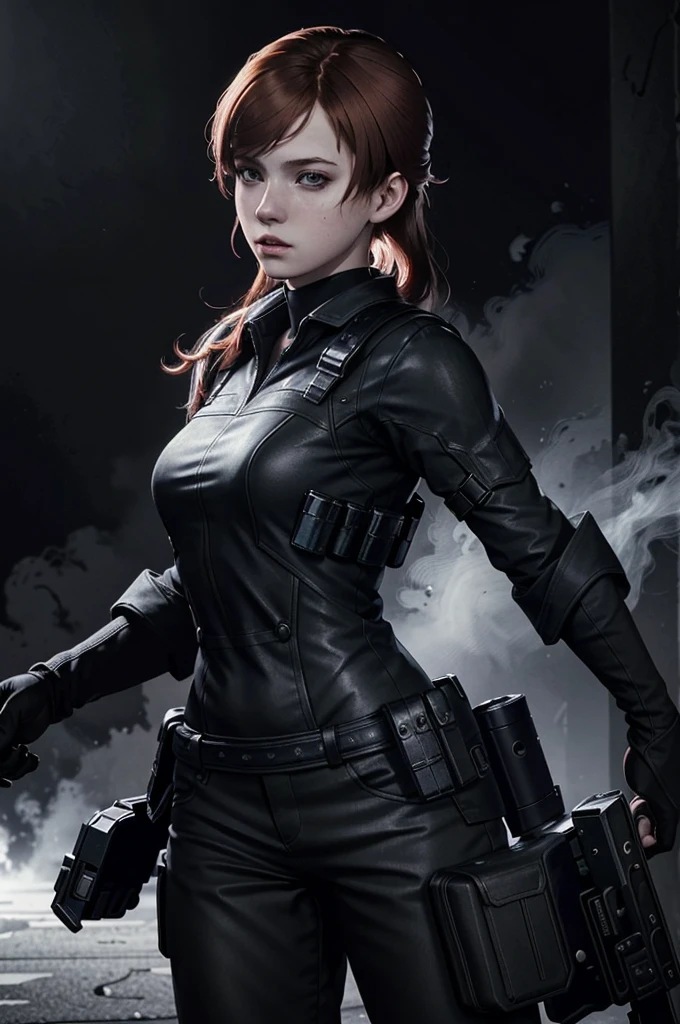 (masterpiece, best quality)
SherryRE, solo, red hair, realistic, long hair, 1girl, black background, dark blue eyes, upper body, lips, parted lips, simple background, dark, combat suit, pistol
