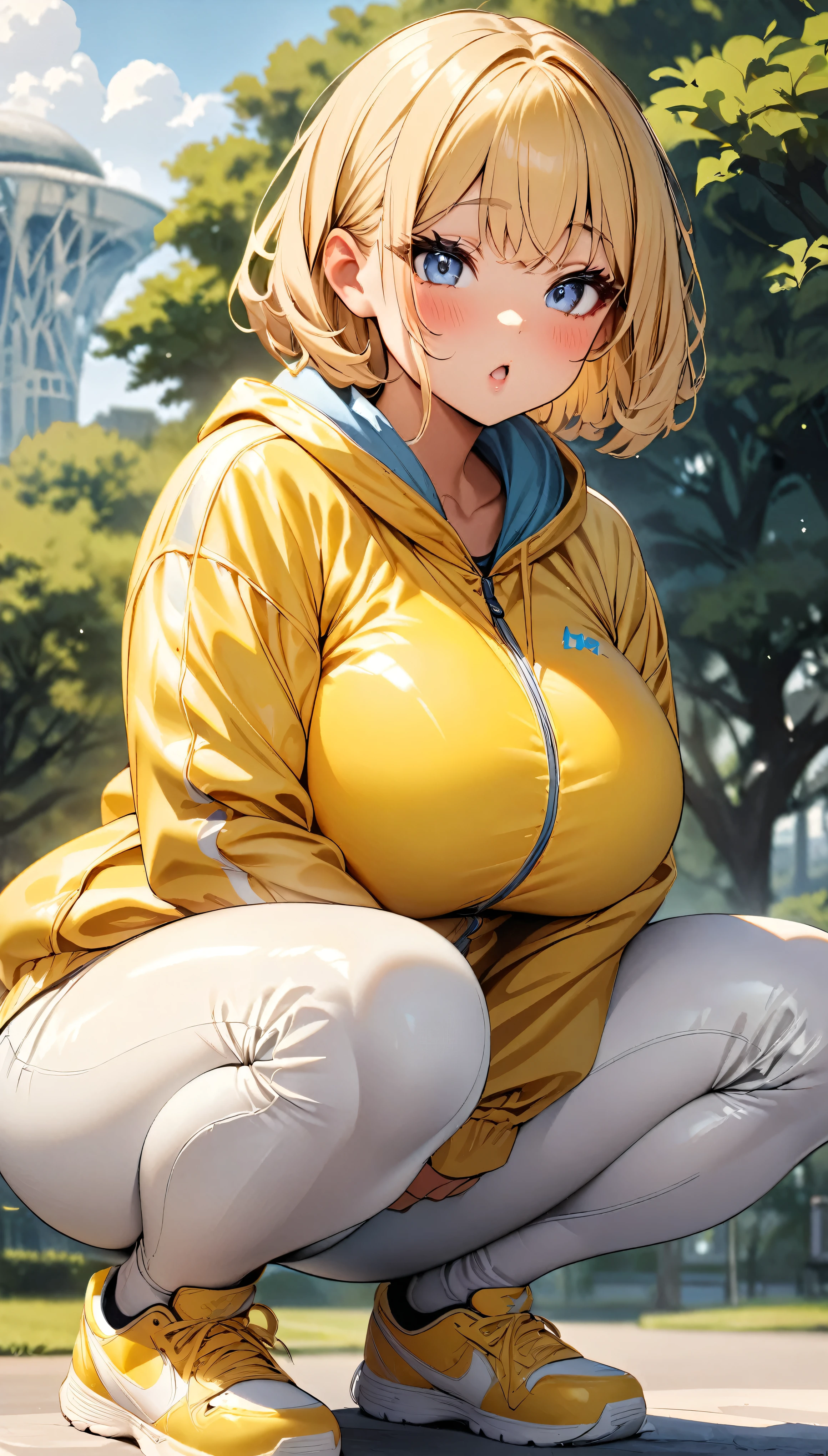 One girl, alone, Park Background, masterpiece:1.2, Very detailed, blue eyes, Blonde, short hair, Plump lips, Gal Makeup, Fluorescent yellow jacket, White rubber skin suit, Yellow sports shoes,  White pants, blush,Open your mouth, squat.