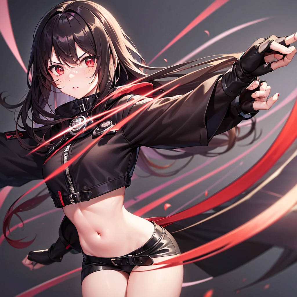 1girl,beautiful detailed eyes, red eyes , Long Brown hair, serious face, Fingerless gloves, Black skirt, black top, red jacket, black boots, baseball bat in hand , light skin color, Purple ribbon, freckles on her face, black hair band,