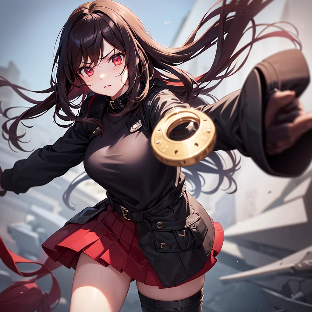 1girl,beautiful detailed eyes, red eyes ,  Long  Brown hair, serious face, Fingerless gloves, Black skirt, black top, red jacket, black boots, baseball bat in hand , light skin color, Purple ribbon, freckles on her face, black hair band,