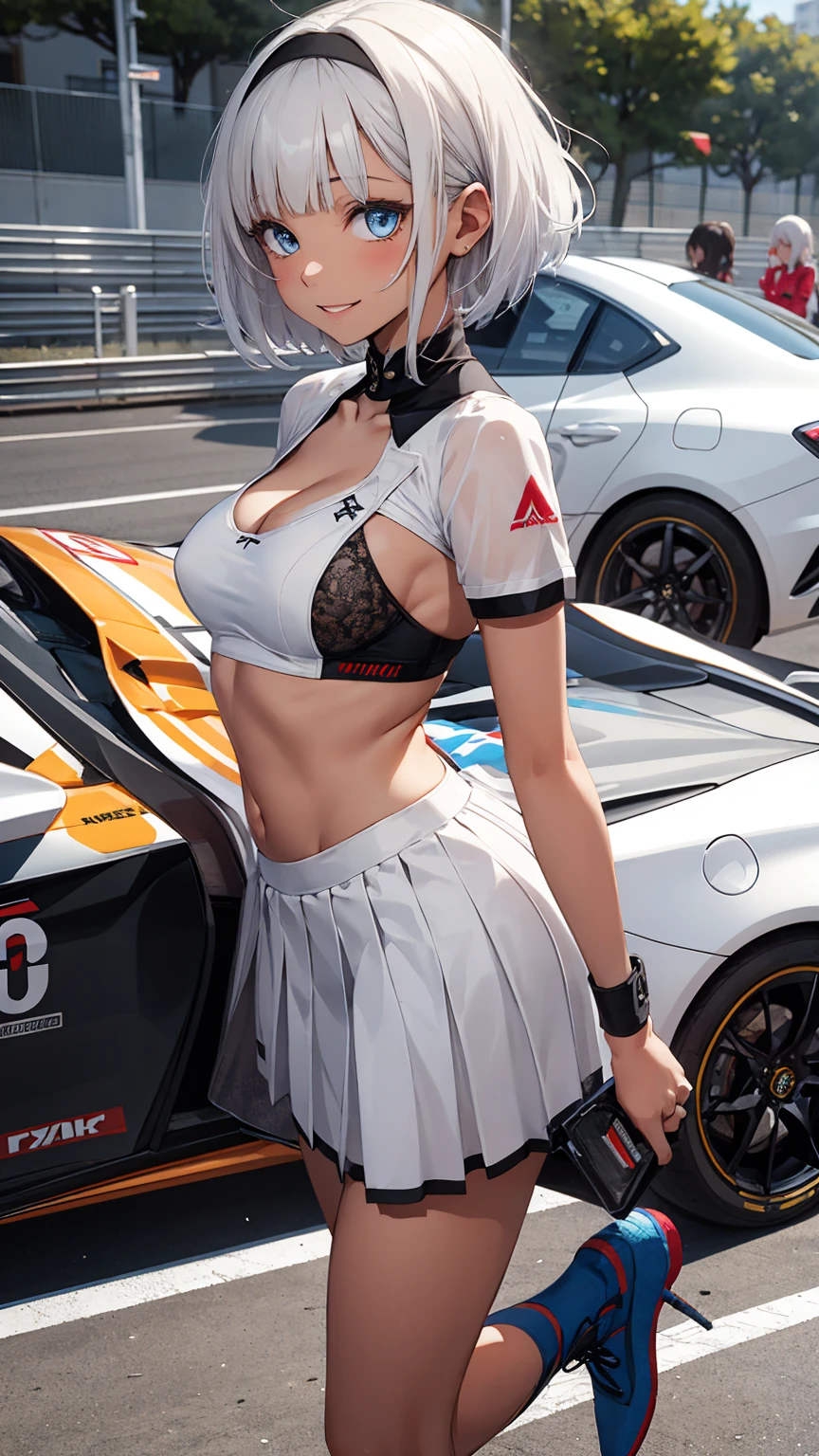 1 Girl、Beautiful silver hair、((((Very short hair))))、Blue eyes、(hair band)、((Blunt bangs)), small breasts、22 years old, (tsurime), Tight waist、smile、Natural lighting、Very cute face, Cute pose、Monte Carlo Street Circuit, Racing Car, Racing Bike, Promotion Girl, Grid Girls, The promotional costumes are exquisitely tailored., paying meticulous attention to detail, Lace-up boots, Short sleeve, Cropped tops, , Tube top bra, Knee-length, Exposing shoulders, Knee-lengthグリッターナイロンプリーツスカート, Asymmetrical medium size nylon pleated skirt, Promotional wear with logo, Red and white glitter promotional wear、sexy pose, bewitching pose, arched back, back shot, Shallow depth of field