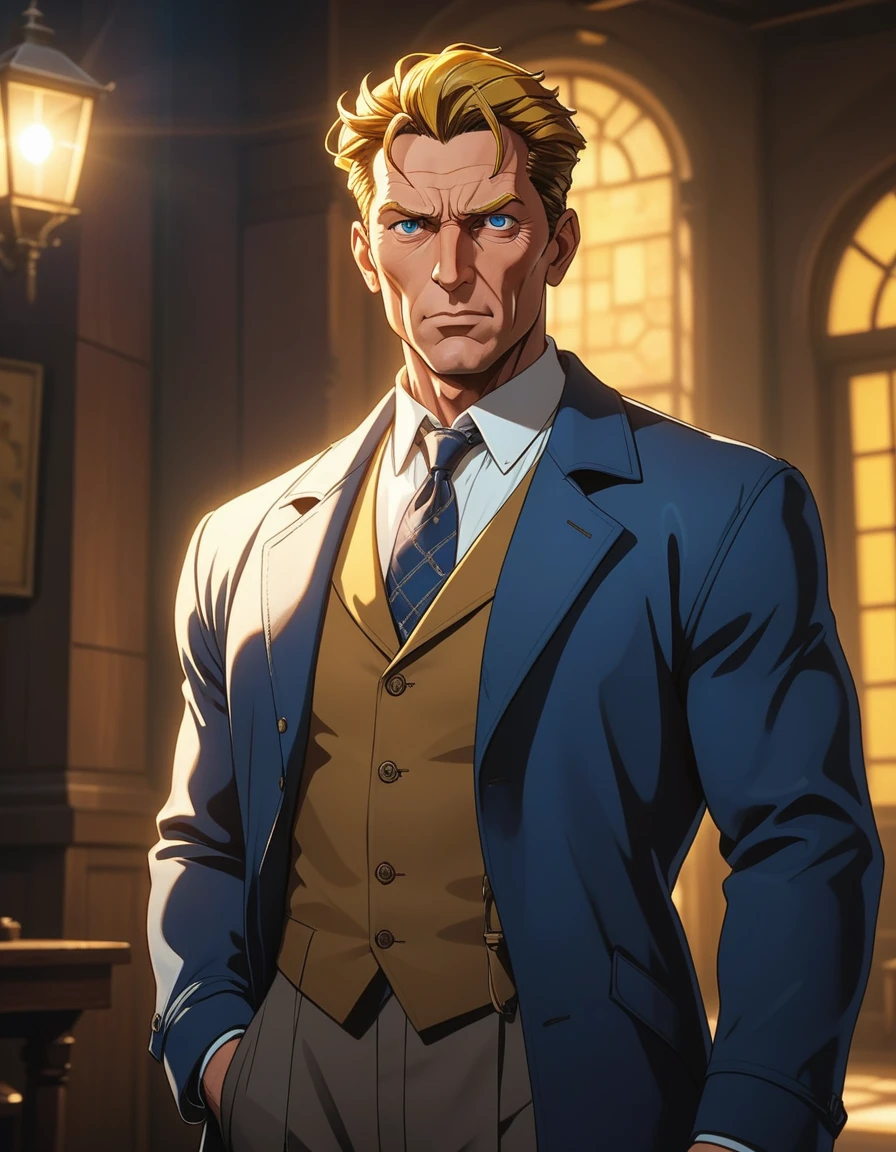 highest quality, 1man, veteran mature detective, muscular mature, big nose, wavy slicked back spiked hair, yellow brown hair, shihaku, brown eyes, stubble, dandy, virile, square shaped, large eyes, ugly, rough skin, facial wrinkles, ideal ratio body proportions, ordinaly, cute uncle, beautiful detailed eyes, 40yo, BREAK solo, white collared shirt, blue necktie, trench coat, dark worn-out suit, BREAK dandy posing, upperlegs, character image shot, in isekai style, 2000s, anime concept art, cinematic shadows, cinematic lighting, lens flare, light leaks, extreme all detailed, masterpiece, best quality, BREAK score_9, score_8_up, score_7_up, source_anime