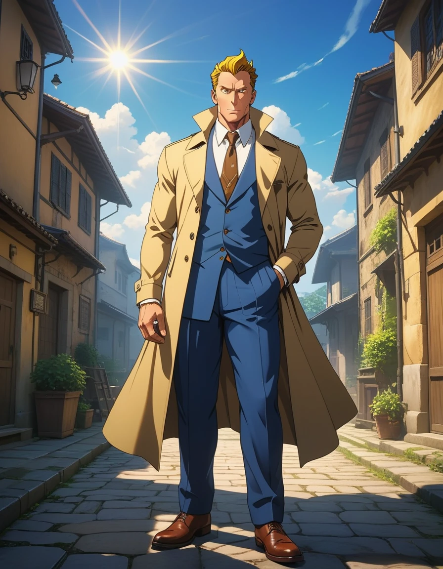 highest quality, 1man, veteran mature detective, muscular mature, big nose, wavy slicked back spiked hair, yellow brown hair, shihaku, brown eyes, stubble, dandy, virile, square shaped, large eyes, ugly, rough skin, facial wrinkles, ideal ratio body proportions, ordinaly, cute uncle, beautiful detailed eyes, 40yo, BREAK solo, white collared shirt, blue necktie, trench coat, dark worn-out suit, BREAK dandy posing, upperlegs, character image shot, in isekai style, 2000s, anime concept art, cinematic shadows, cinematic lighting, lens flare, light leaks, extreme all detailed, masterpiece, best quality, BREAK score_9, score_8_up, score_7_up, source_anime