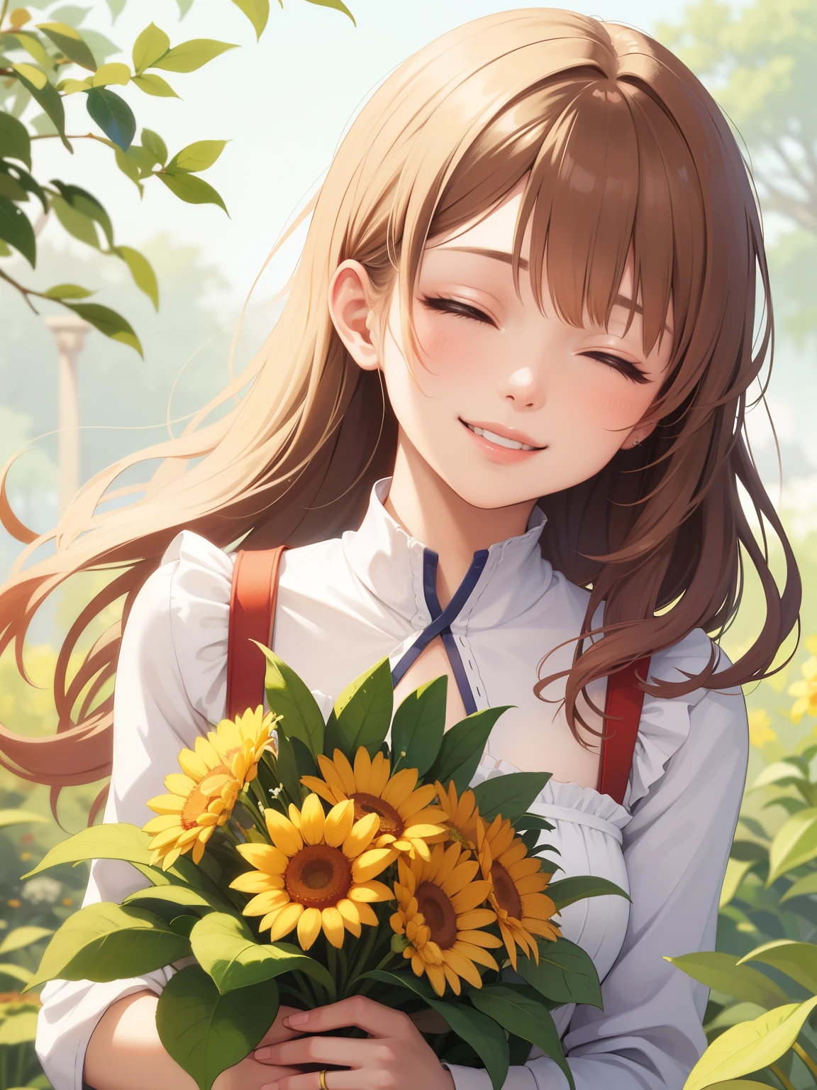 a girl happily hugging bouquette of flower, closed eyes, bust up focus shot, smiling ear to ear