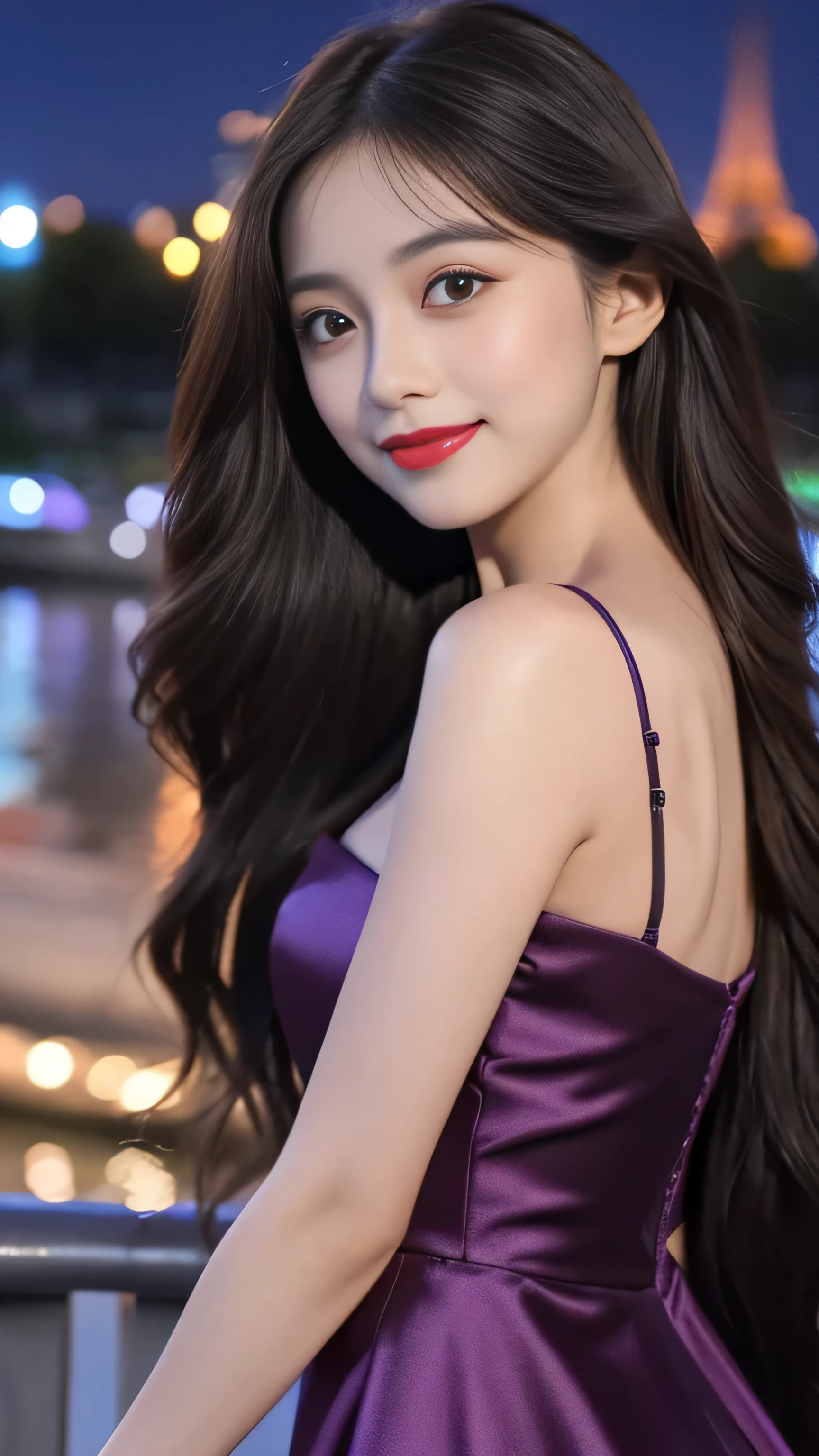 high detail,8K resolution,Ultra-high resolution,best picture quality,beautiful girl,lipstick,Love primary school students,Peerless beauty,Black Straight Hair is casually worn,smooth hair,clavicle,Delicate makeup,Delicate and perfect facial features,The most beautiful big eyes,Sticking out tongue,blush,Smile,long hair,Straight Hair,Wearing a purple half-shoulder evening dress out on the street,Be close to the audience,Dynamic angle,Ultimate picture quality,Highest precision,night,Night view,The illuminated Eiffel Tower and the Seine River in the background,There are five large apertures nearby