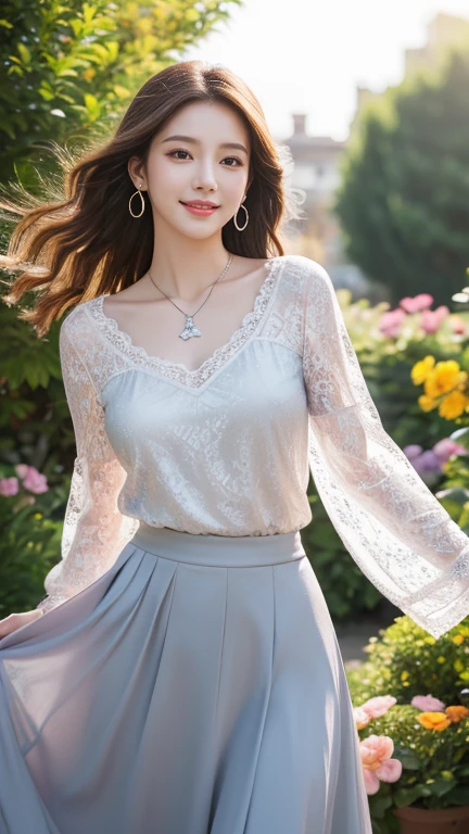 (Highest quality、 8k 、masterpiece、High resolution)、Young lovely woman、Ample breasts、Beautiful clavicle、Slender beauty、(Brown hair medium、My hair is blowing in the wind、Flows backwards)、whole body、 (Beautiful Face,Beautiful Eyes,Beautiful nose,Pretty lips)、(Earrings、silver heart pendant necklace)、(Feminine Style、3/4 Sleeve Lace Blouse、Black lace flare long skirt)、Her mouth opens slightly and a smile appears.、Dynamic pose、Outdoor、(garden、Colorful flowers)、looking at the camera、Professional Lighting、Professional photographer、Detailed CG,