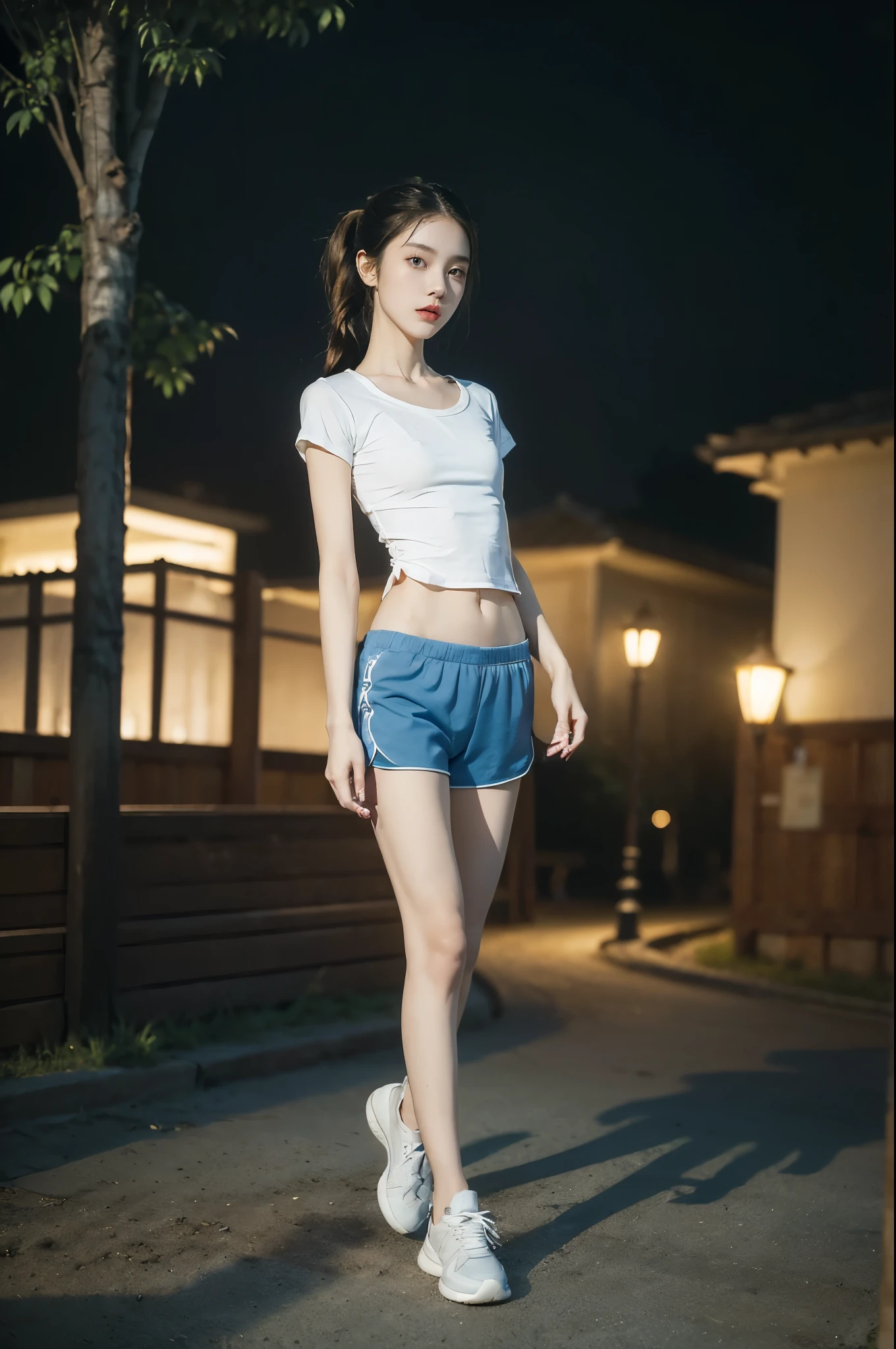 (((best quality))),(((ultra detailed))),(((masterpiece))),illustration,((1 beautiful girl,solo)),(short ponytail:1.2),((slim,thin)),((small breasts,flat chest)),((dimly lit garden courtyard, high-rise residential community)),(white short-sleeved T-shirt:1.3),(blue sports shorts:1.3),(navel:1.2),(slender legs:1.2),(sneakers:1.2),youthful charm, vibrant energy, sleek hair, bright eyes, smooth skin, fair complexion, curiosity, adventure, graceful collarbones,concrete ground, streetlights, yellowish glow, tall buildings, shadows, eerie atmosphere, confident demeanor, ease, solitude, beauty, life, warm presence,(summer:1.3),(night scene:1.3),((from front,full body))