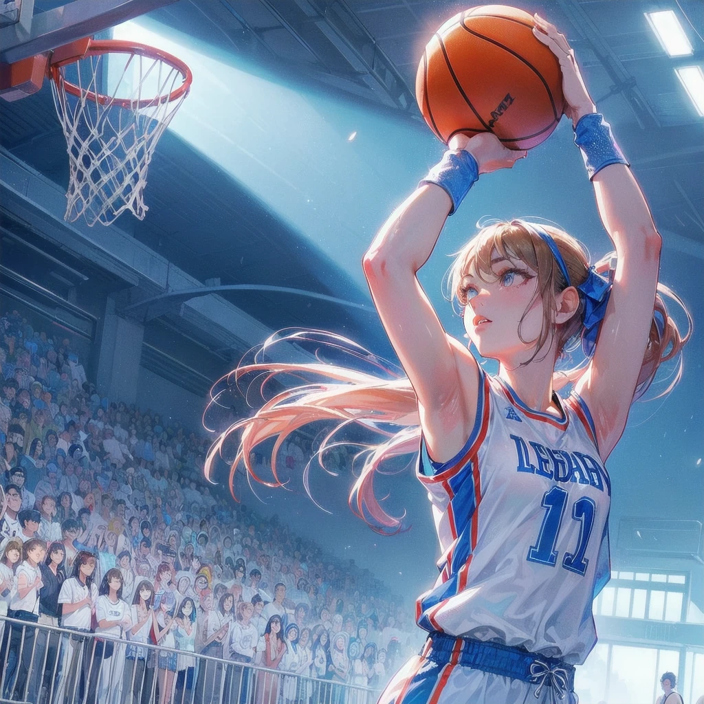 high quality,HD,16k,sharp lines,1 girl,Female basketball athlete ,cute face, large breasts, nice legs,At the basketball venue,focus girl,detailed beautiful face,detailed clothes,beautiful eyes,cool,dynamic angle