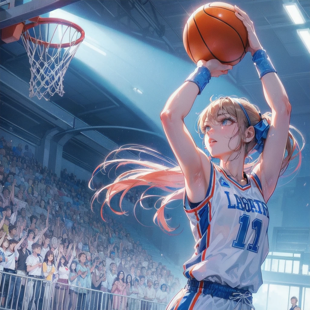 high quality,HD,16k,sharp lines,1 girl,Female basketball athlete ,cute face, large breasts, nice legs,At the basketball venue,focus girl,detailed beautiful face,detailed clothes,beautiful eyes,cool,dynamic angle