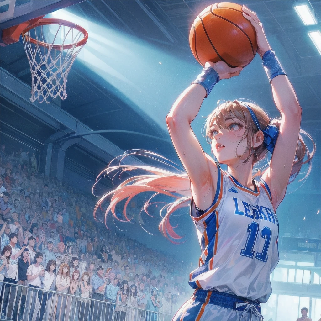high quality,HD,16k,sharp lines,1 girl,Female basketball athlete ,cute face, large breasts, nice legs,At the basketball venue,focus girl,detailed beautiful face,detailed clothes,beautiful eyes,cool,dynamic angle