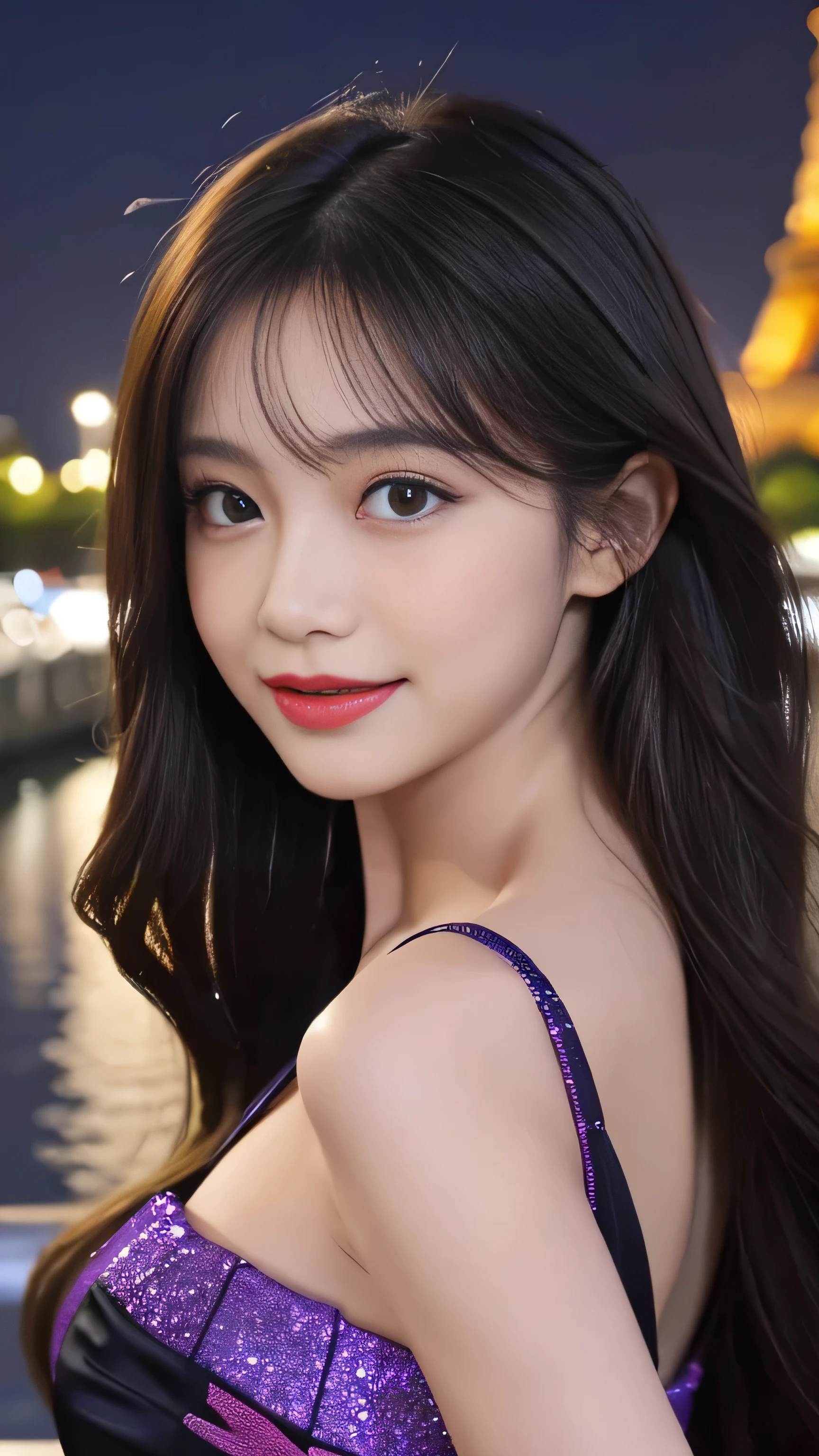 high detail,8K resolution,Ultra-high resolution,best picture quality,beautiful girl,lipstick,Love primary school students,Peerless beauty,Black Straight Hair is casually worn,smooth hair,clavicle,Delicate makeup,Delicate and perfect facial features,The most beautiful big eyes,Sticking out tongue,blush,Smile,long hair,Straight Hair,Wearing a purple half-shoulder evening dress out on the street,Be close to the audience,Dynamic angle,Ultimate picture quality,Highest precision,night,Night view,The illuminated Eiffel Tower and the Seine River in the background,There are five large apertures nearby