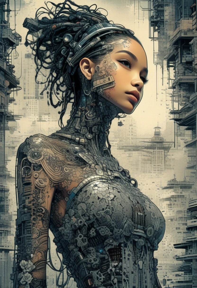 drawix9 cyborg girl, ink, cinematic, expressive, very detailed, lace dress