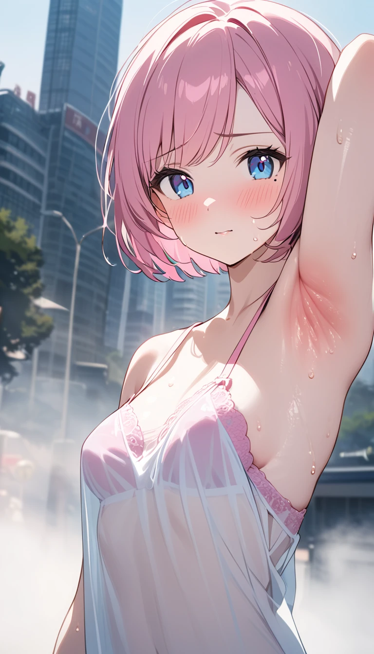 (1 girl),(Best Picture Quality, 8K, Masterpiece:1.3), (high school student:1.5), ((pink lob hair:1.1)), (bob cut),(swept bangs), (cute eyes, pupil black, iris skyblue, youthful face), (mole under right eye), (standard weight), (small breasts), (glistening skin:1.1),(pale skin:1.2),((showing armpits)),((see-through camisole)),(pink bra),(flustered),(sweat),((fog skin:1.1)),(Beijing:1.2),((extremely detailed armpits)),((extreme close up armpit:1.3)),slightly high angle, urban cityscape background with tall buildings, streets, and heat haze effects, midday sun, feeling very hot and uncomfortable,