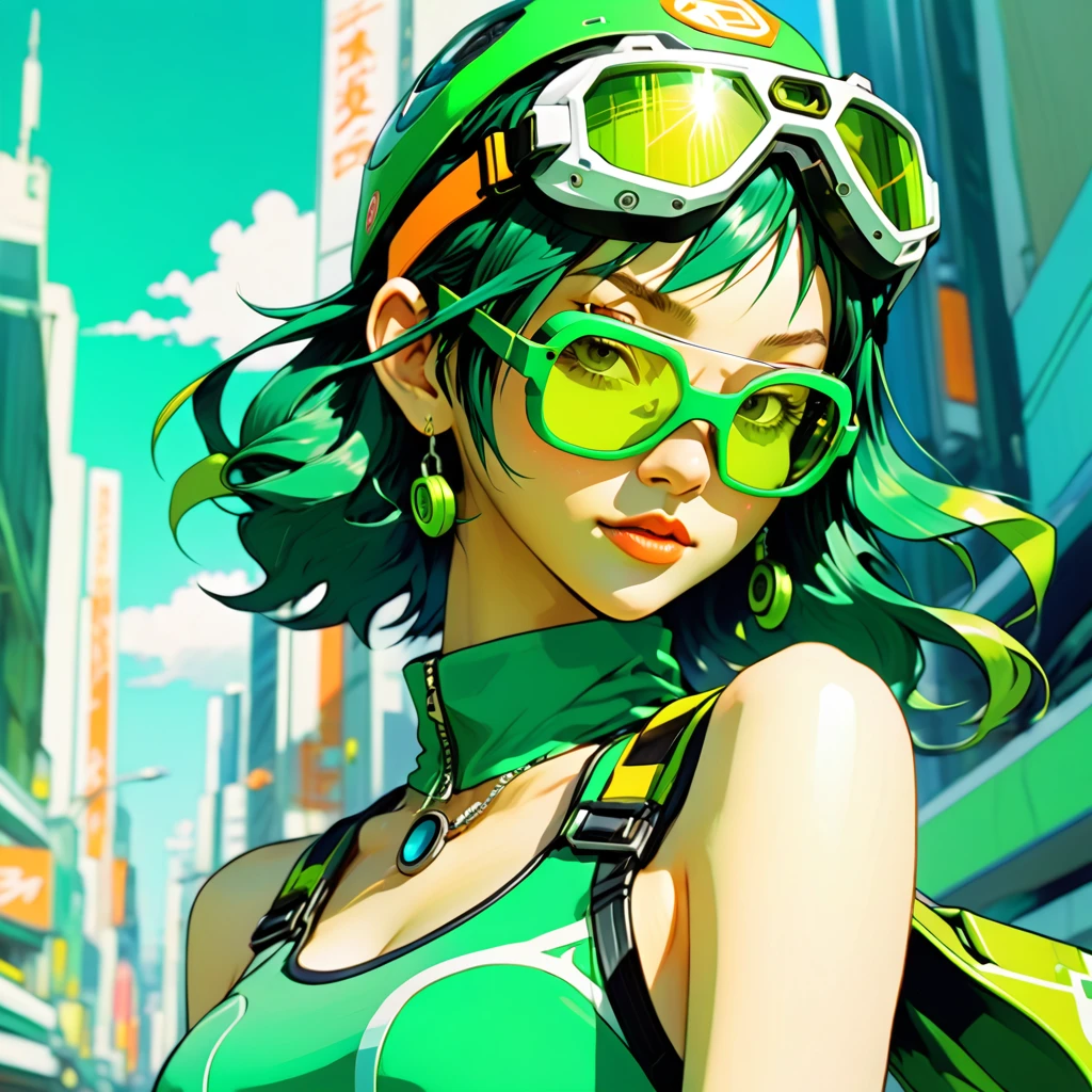 a close up of a woman in a green dress and goggles, jet set radio artwork, style of jet set radio, by Yoshihiko Wada, jet set radio, by Akihiko Yoshida, artstyle : ilya kuvshinov, by shirow masamune, cushart kenz, jet set radio future, ilya kuvshinov style