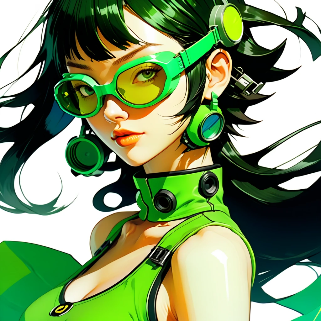 a close up of a woman in a green dress and goggles, jet set radio artwork, style of jet set radio, by Yoshihiko Wada, jet set radio, by Akihiko Yoshida, artstyle : ilya kuvshinov, by shirow masamune, cushart kenz, jet set radio future, ilya kuvshinov style