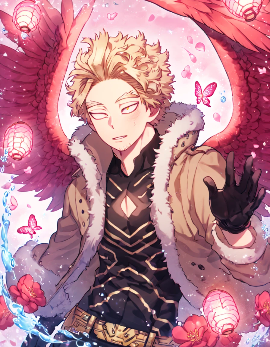 absurd resolution, high resolution, ultra detailed, detailed eyes, delicated features, extremely detailed, HDR, Hawks, ash-blonde hair, expressive golden eyes, faint stubble, red wings, Boku No Hero Academia, solo, sexy man, handsome, brown jacket with fur, black tight shirt with patterns, black gloves, fantasy, cool, magical, pink glittering butterflies, pink dust flying around, red flowers, pink petals, pink lanterns, pink blossoms, water