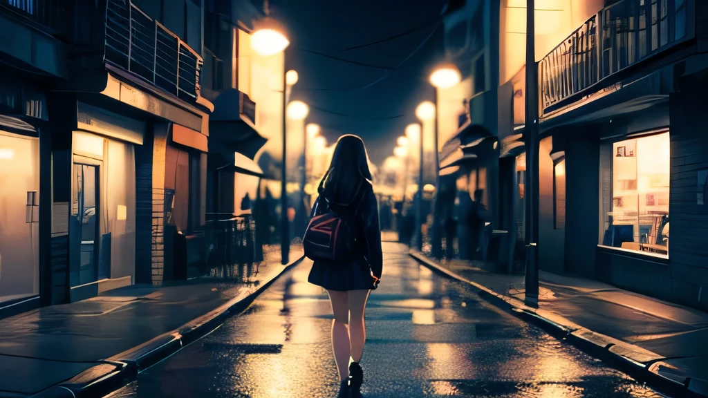 A girl using headphones walking Under the streetlights in the night time