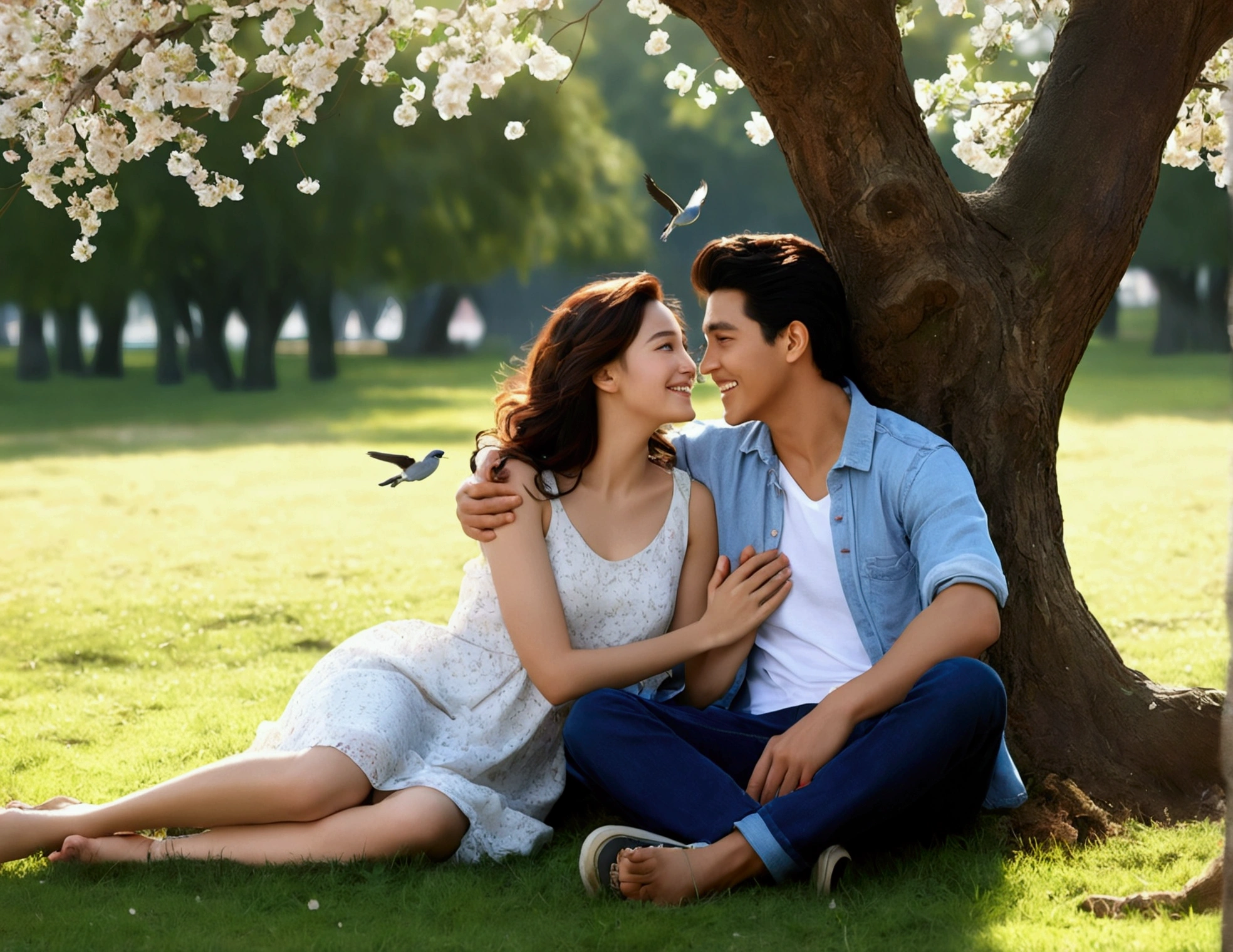 (Highest quality,4K,8k,High resolution,masterpiece:1.2),Very detailed,(Realistic,photoRealistic,photo-Realistic:1.37),Couple sitting under a tree,Laughter,Romantic atmosphere,Happy atmosphere,landscape,figure,Soft colors,Natural light,Breeze,Leafy branches,Sunlight Filter,transparent flower petals,Birds chirping,Grass,Flowers Bloom,Vibrant colors,Magic in the air,Happiness in their eyes,Casual clothing,Hand in hand,A kind smile,Starry Sky,moonlight,Peaceful and serene,Tranquility,Fun and carefree time,Love and togetherness.