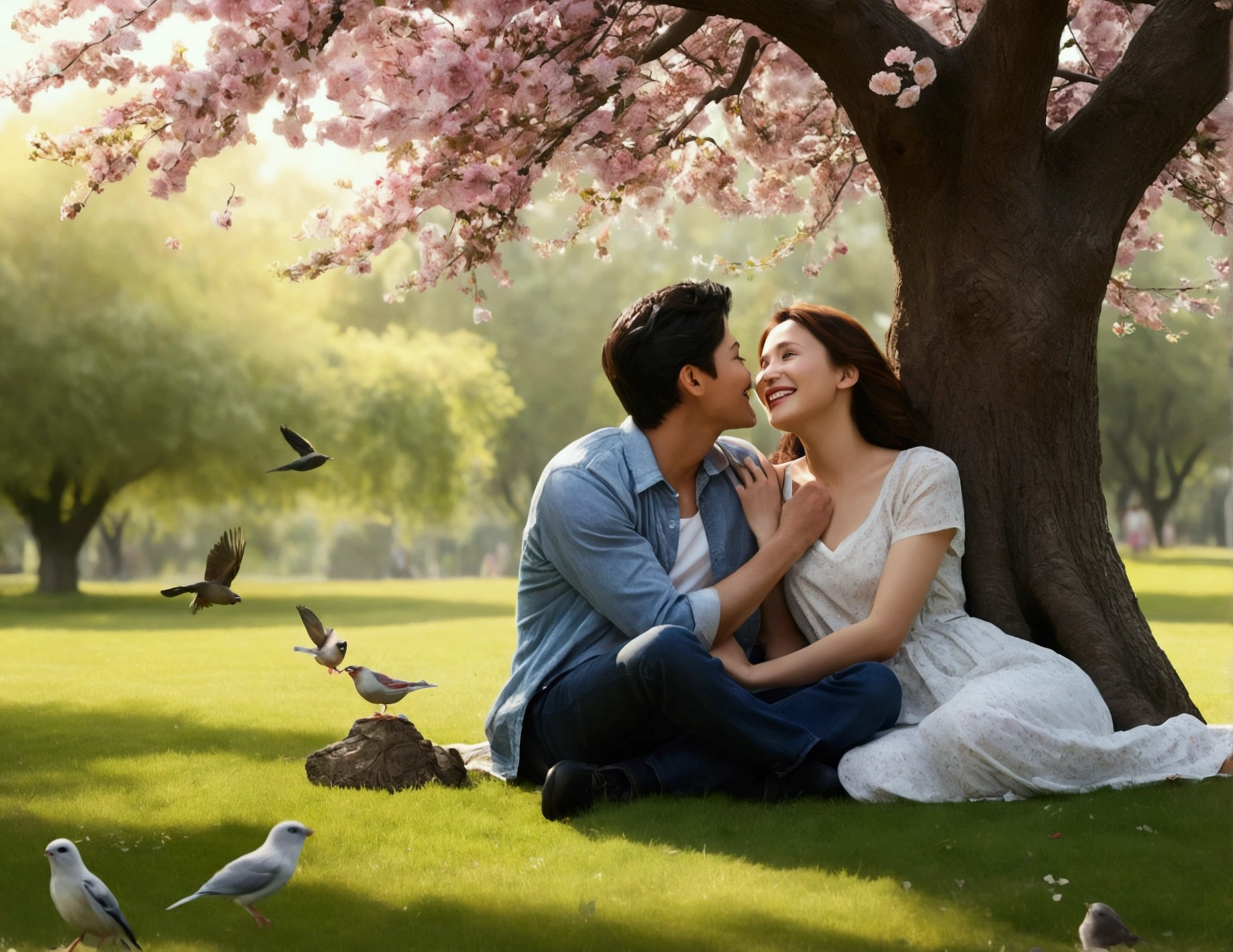 (Highest quality,4K,8k,High resolution,masterpiece:1.2),Very detailed,(Realistic,photoRealistic,photo-Realistic:1.37),Couple sitting under a tree,Laughter,Romantic atmosphere,Happy atmosphere,landscape,figure,Soft colors,Natural light,Breeze,Leafy branches,Sunlight Filter,transparent flower petals,Birds chirping,Grass,Flowers Bloom,Vibrant colors,Magic in the air,Happiness in their eyes,Casual clothing,Hand in hand,A kind smile,Starry Sky,moonlight,Peaceful and serene,Tranquility,Fun and carefree time,Love and togetherness.