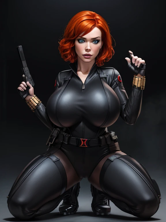 8K, Ultra HD, super details, high quality, high resolution. 48 year old Christina Hendricks playing the role as the fictional character of Natasha Romanoff/Black Widow from the Marvel Cinematic Universe, in a full body photo, her body is sculptural, her medium wavy orange hair is radiant in a perfect combination with her white skin, her bright blue eyes mesmerize everyone. She is wearing her heroine costume, This consists of, A tight, skin-tight bodysuit made of strong fabric, flexible material, probably kevlar or a similar material, The bodysuit has zippers on the sides for easy movement and access, There are red accents on the chest , forming a stylized hourglass symbol, which is a reference to her nickname "Black Widow", She wears a black belt with several compartments and pockets to carry her equipment and weapons, Her boots are black, with thick, non-slip soles for better traction, She wears black gloves that cover her forearms, with red details on the backs of her hands. she looks very sexy, drawing attention to her big breasts and thick legs.