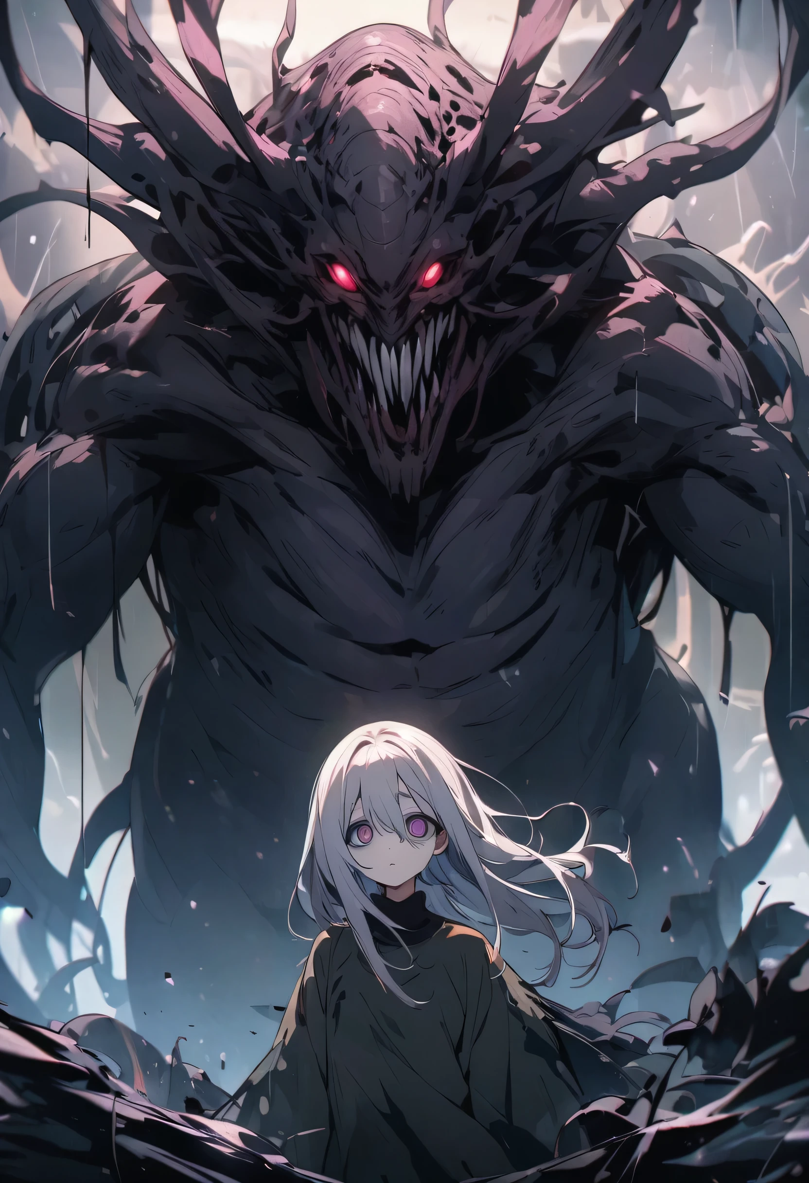 brilliant iridescent pupils, EMPTY EYES, monster, человекоподобный monster, monster улыбается