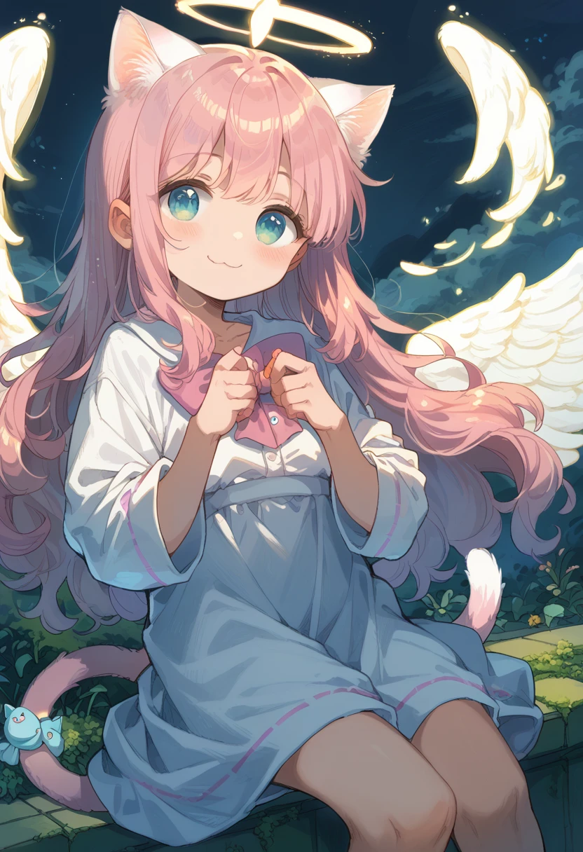 fantasic anime style,
kawaii shota,angel halo and wing,cat ear and tail,pink hair,wavy long hair,good night,smile,Glitter of god,Angelic Aura Burst,