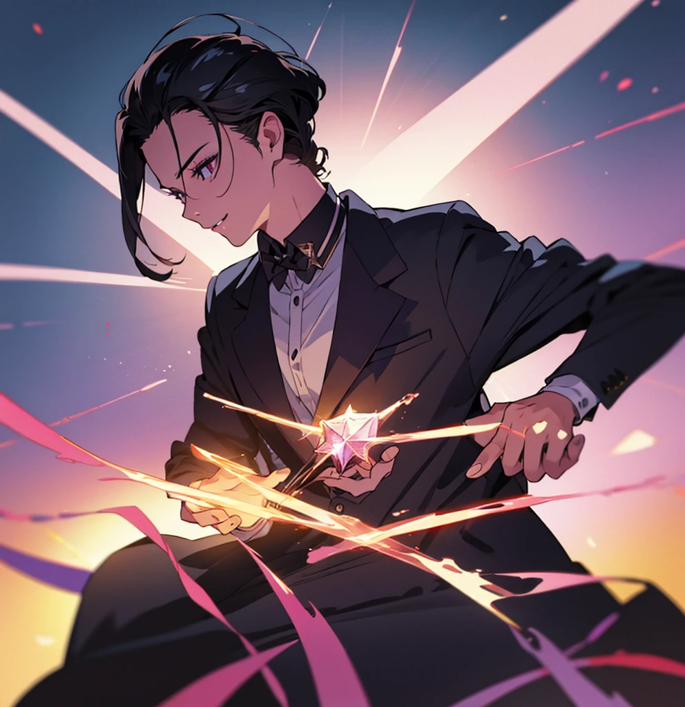 black hair, shiny hair, crystal hair, hair slicked back, evil smile, Surrealism, アニメ, glowing light, 8k, super detail, uhd, retina, masterpiece, accurate, anatomically correct, textured skin, super detail, high details, high quality, award winning, best quality, highresVery very cool man、suit、all back、Short Hair