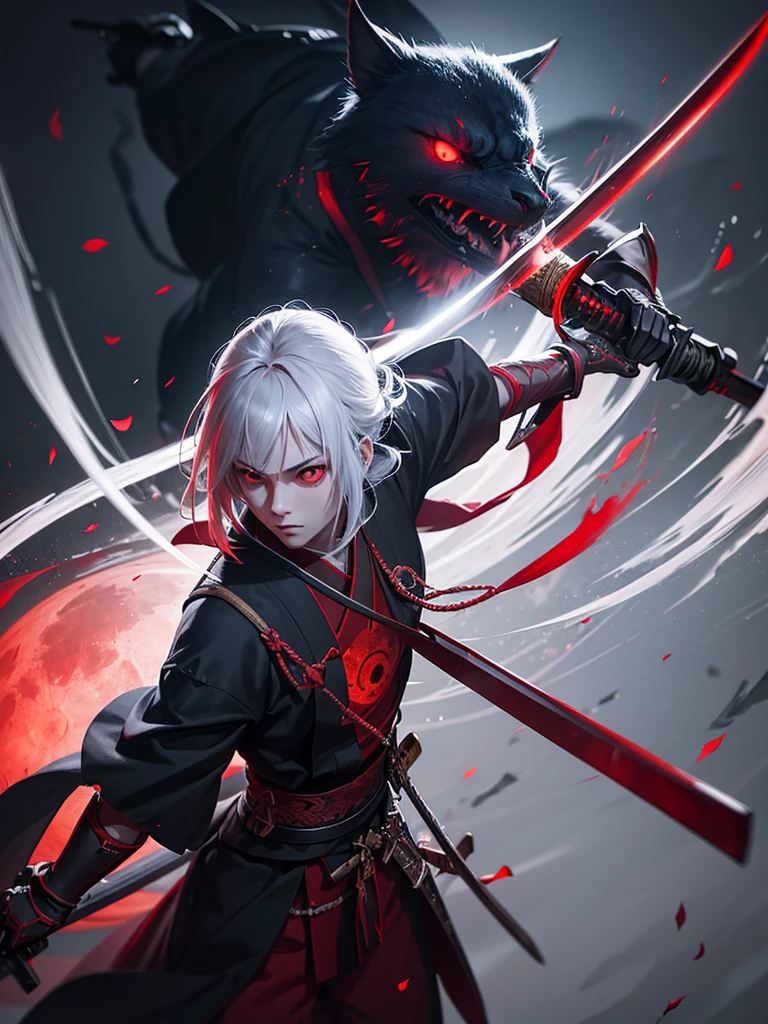 a red moon in the background, a japanese katana sword, glowing red eyes, dark fantasy, cinematic lighting, dramatic color palette, chiaroscuro, hyper detailed, 8k, ultra realistic, photorealistic, professional digital art, masterpiece