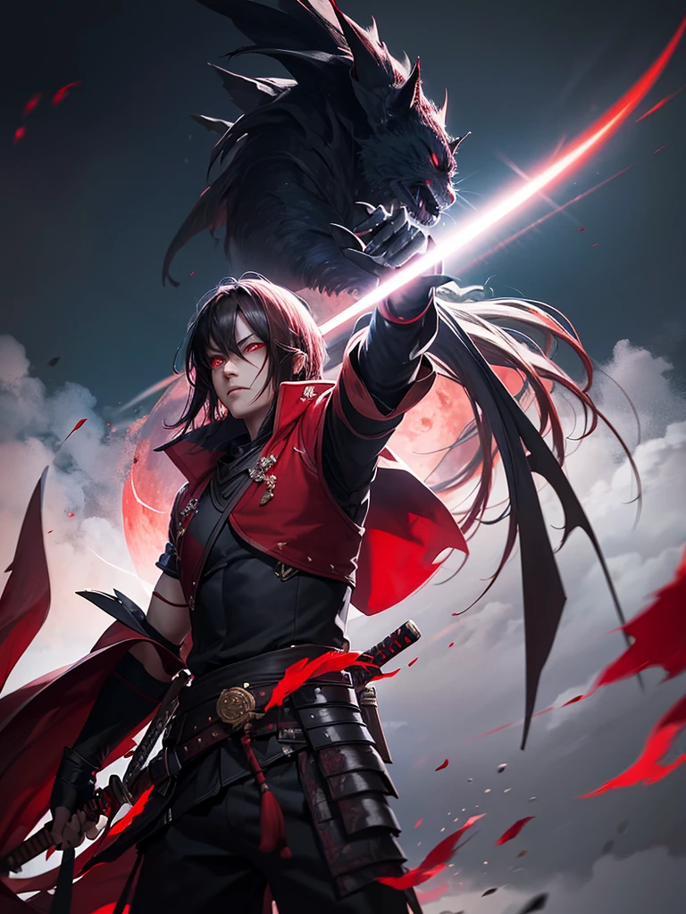 a red moon in the background, a japanese katana sword, glowing red eyes, dark fantasy, cinematic lighting, dramatic color palette, chiaroscuro, hyper detailed, 8k, ultra realistic, photorealistic, professional digital art, masterpiece