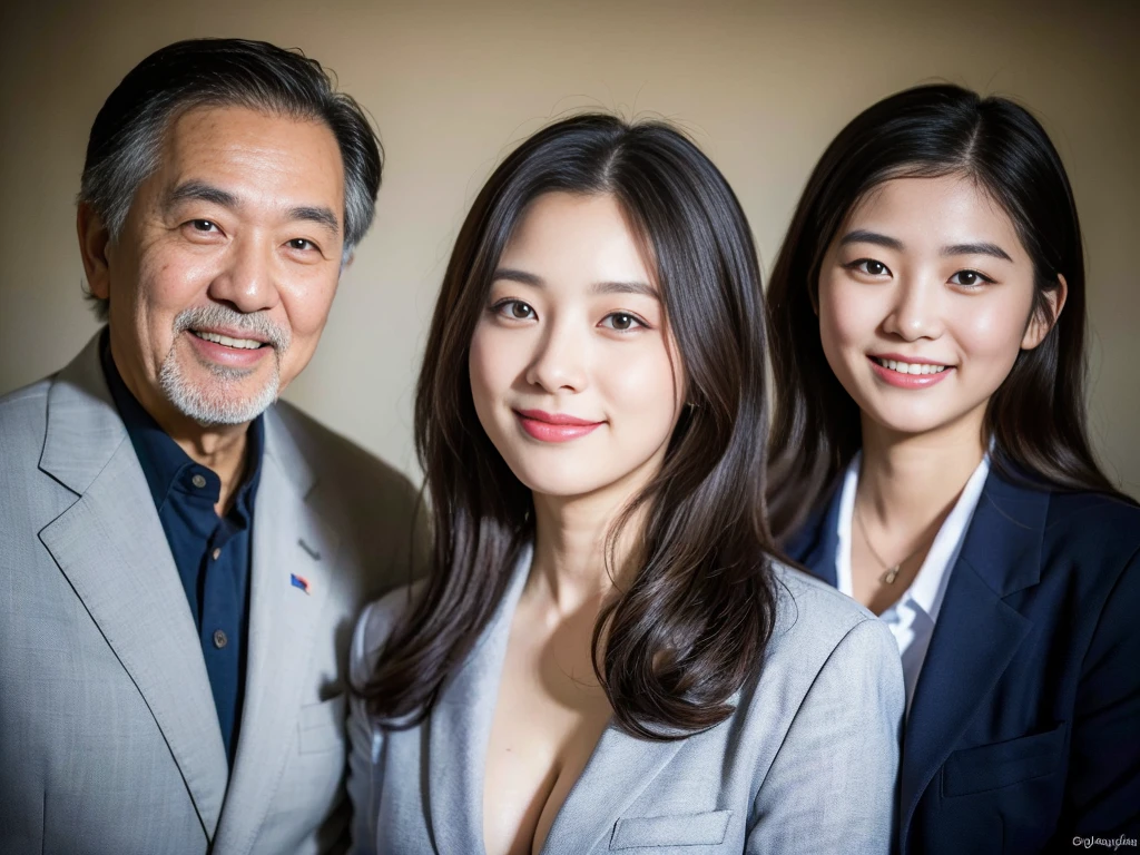 (A young and beautiful Korean female president dressed as a politician is seen with her elderly gray-haired grandfather and bearded father.,A photo of two cute  sisters taking a family photo:1.3)(Grinning expression:1.2)(20-year-old:1.3)(Huge , There is cleavage in the chest:1.2),(Sweating profusely)(Huge boobs)(Elegant, shiny, long black hair:1.2))(8k, RAW Photos, Highest quality, masterpiece: 1.2),High-resolution RAW color photos, Professional photos, Very detailed and beautiful,(she&#39;She&#39;s very skinny but has big breasts:1.4), Small face:1.Perfect anatomical figure、(Browsing Caution:1.1)(Huge breasts that make your clothes burst: 0.9) (Huge胸 :1.4)(Classy makeup,eyeliner/eye shadow,lipstick,Fair skin,Beautiful Skin)(Full body photo:1.1)(Shiny Hair:1.3)(lipstick:1.2)(Too big earrings:1.2)(Beautiful female college student:1.2)(セクシーな韓国人sister:1.2)(sister:1.1))(Family group photo:1.3)(Box Coverage,Press conference:1.2)Off-the-shoulder blouse,