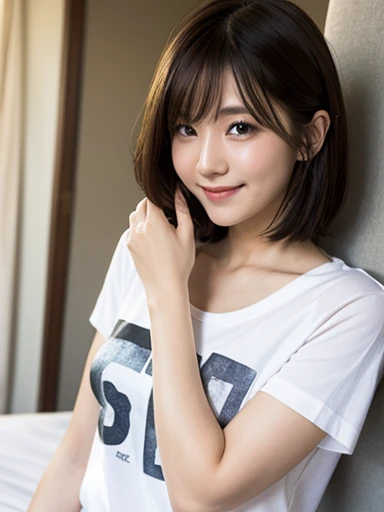 A stylish white hotel room with the morning sun streaming in、White wall、In front of the grey curtains、On the bed、18-year-old female、Realistic Skin、((Dark Eyes))、A shy smile、Medium Short Hair、(Hide your face with your palms)、Grey T-shirt、Yoshitomo Nara, shikamimi, Chiho, mayuri shiina, A real young gravure idol, beast, , Kotegawa Yui, 8k、narumi kakinouchi