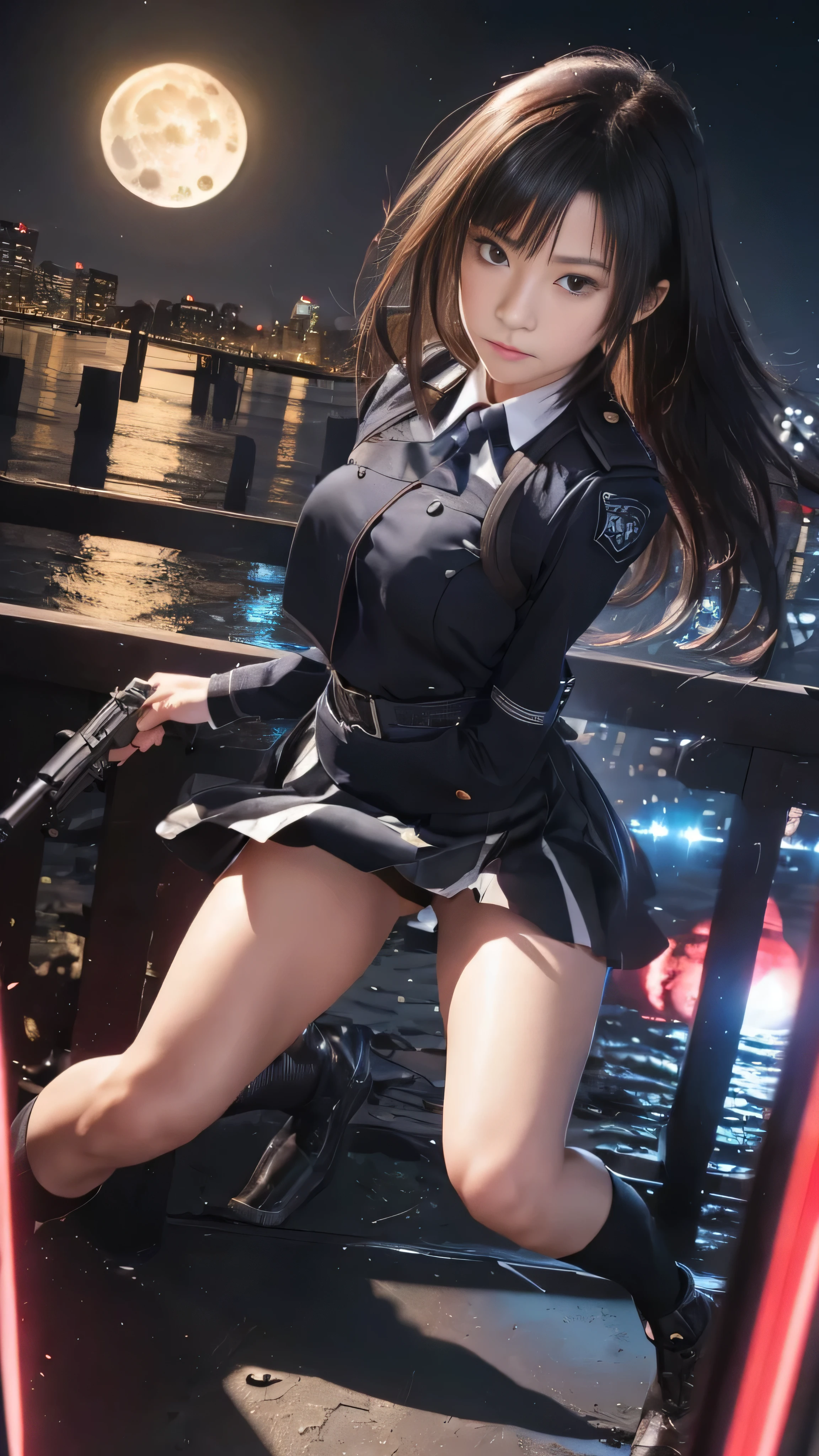 (RAW quality:1.4), Highest quality, Great quality, 16K, Unbelievably absurd, Very detailed, delicate and dynamic, software, Natural light, Particles reflect color, Diffuse reflection of light, Vortex of Light, Hudson River, new york, Night view, Create amazing image effects, lycoris uniform, skirt, (Cute sexy girl, 14 years old, Pursue the perpetrator, Intense movement, Vibrant, hot, , , , pistol, Long black hair, Police uniform, Takina Inoue Final Fantasy VII), Full body photo, (Shooting a gun in front of a big full moon:1.4), Speedy, Lots of bullets, Trajectory,