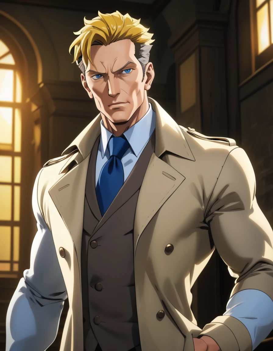 highest quality, 1man, veteran mature detective, muscular mature, big nose, wavy slicked back spiked hair, yellow brown hair, shihaku, brown eyes, stubble, dandy, virile, square shaped, large eyes, ugly, rough skin, facial wrinkles, ideal ratio body proportions, ordinaly, cute uncle, beautiful detailed eyes, 40yo, BREAK solo, upperlegs, white collared shirt, blue necktie, trench coat, dark worn-out suit, BREAK dandy posing, upperwaist, character image shot, in isekai style, 2000s, anime concept art, cinematic shadows, cinematic lighting, lens flare, light leaks, extreme all detailed, masterpiece, best quality, BREAK score_9, score_8_up, score_7_up, source_anime, score_6_up, score_5_up, score_4_up