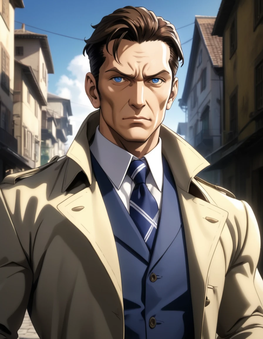 highest quality, 1man, veteran mature detective, muscular mature, big nose, wavy slicked back spiked hair, yellow brown hair, shihaku, brown eyes, stubble, dandy, virile, square shaped, large eyes, ugly, rough skin, facial wrinkles, ideal ratio body proportions, ordinaly, cute uncle, beautiful detailed eyes, 40yo, BREAK solo, upperlegs, white collared shirt, blue necktie, trench coat, dark worn-out suit, BREAK dandy posing, upperwaist, character image shot, in isekai style, 2000s, anime concept art, cinematic shadows, cinematic lighting, lens flare, light leaks, extreme all detailed, masterpiece, best quality, BREAK score_9, score_8_up, score_7_up, source_anime, score_6_up, score_5_up, score_4_up