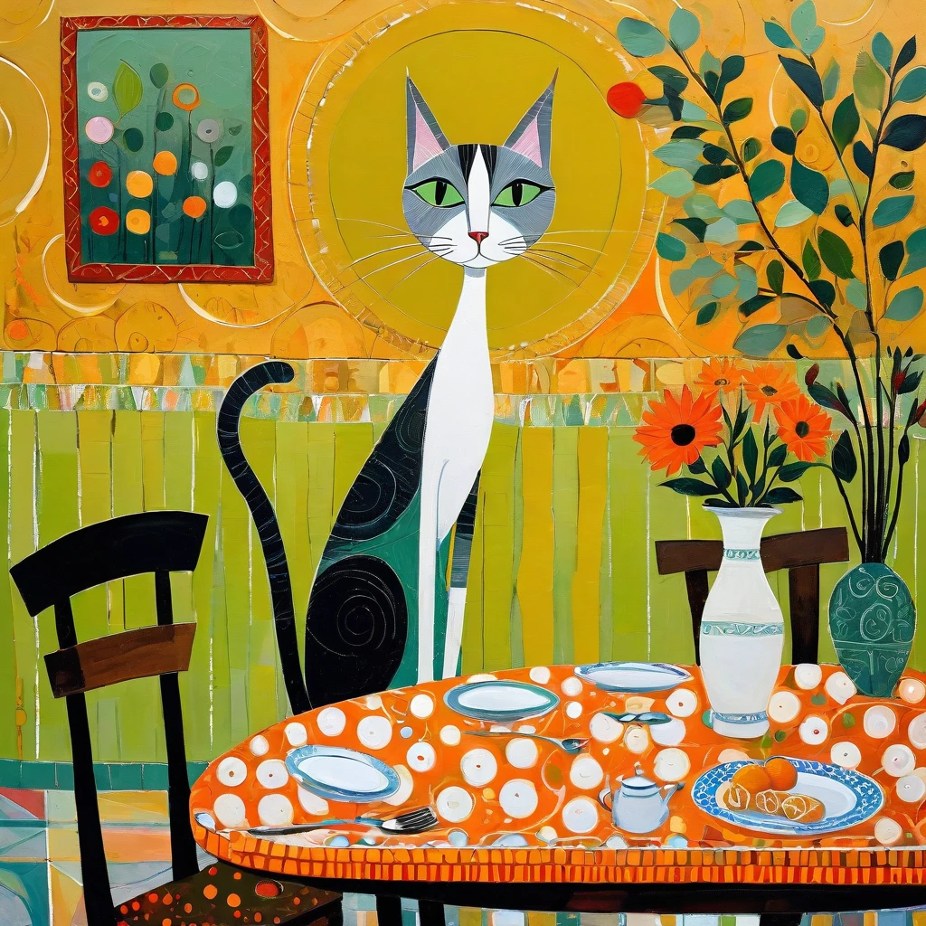 Naive art, Style By Beatriz Milhazes, Ann Telnaes, Beatrice Alemagna, Sam Toft, Dina Wakley, Elisabeth Fredriksson, impasto brushstrokes texture, very tall and handsome slender female cat, with very long neck, large gray-green eyes, long eyelashes. she is seated at a dining table, with an empty plate in front of her. background with neutral motifs of circles and spirals. skillful use of chiaroscuro to render the character's three-dimensionality. warm colors, medium saturation