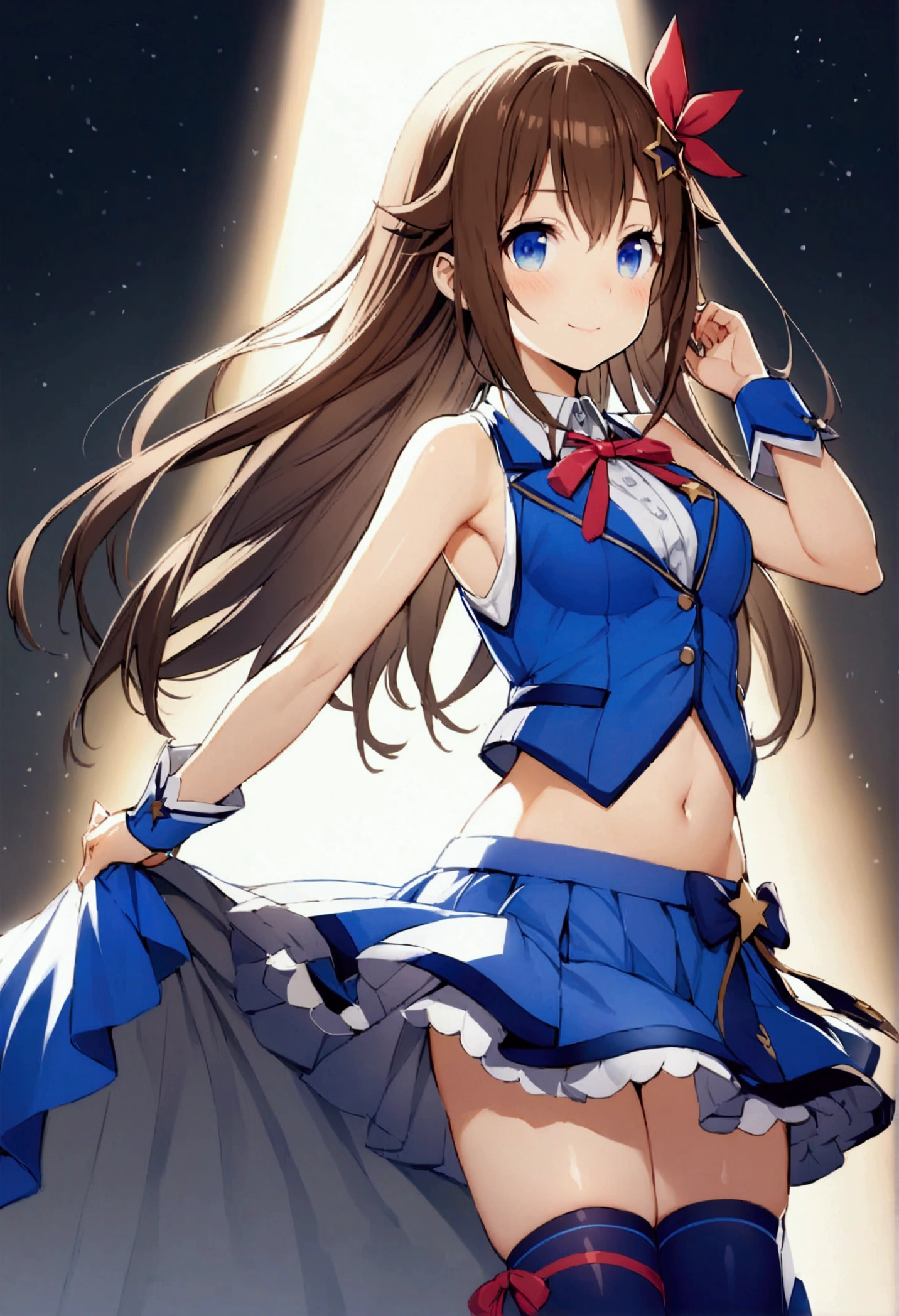 isometric, 1 girl, mid shot,masterpiece, best quality, highly detailed face, highly detailed eyes, highly detailed background, perfect lighting, solo, tokino sora, virtual youtuber, skirt, blue vest, shirt, long hair, red ribbon, blue eyes, ribbon, brown hair, sleeveless, cropped shirt, hair flaps, white shirt, hair ornament, sleeveless shirt, thighhighs, blue skirt, star (symbol), pleated skirt, cropped vest, hair ribbon, vest, navel, blue thighhighs, midriff, miniskirt, wrist cuffs, star hair ornament, thigh ribbon, waist cape, collared shirt, hairclip, crop top, bangs, neck ribbon, leg ribbon, breasts, bare shoulders,(on the stage:1.2),