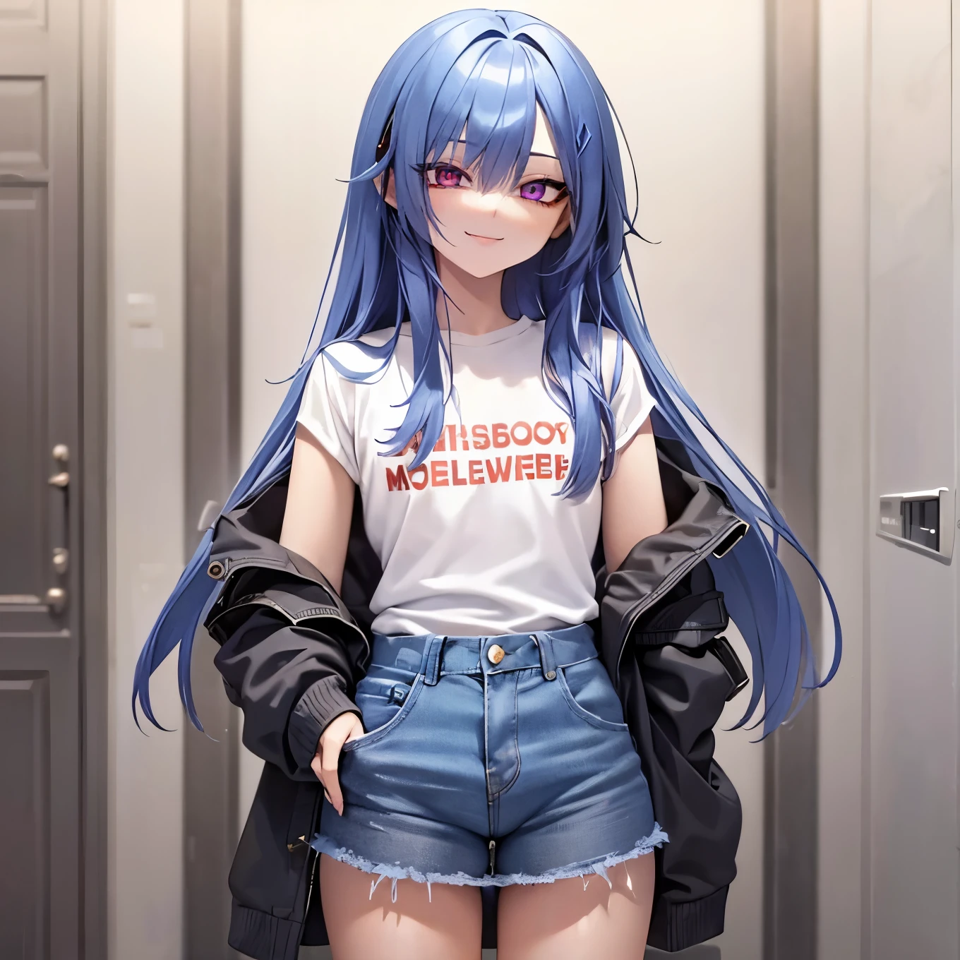 ((Best Quality)), ((Masterpiece)), (detailed), 1 femboy,
One person,
Short blue hair, red eyes, Smile, Looking at viewer, Detail, Super Detailed, Long Hair, Petite, Completely flat, High Resolution, Textured Skin, Super Detailed, HD, baggy sweater , wearing baggy jeans, Evil smile