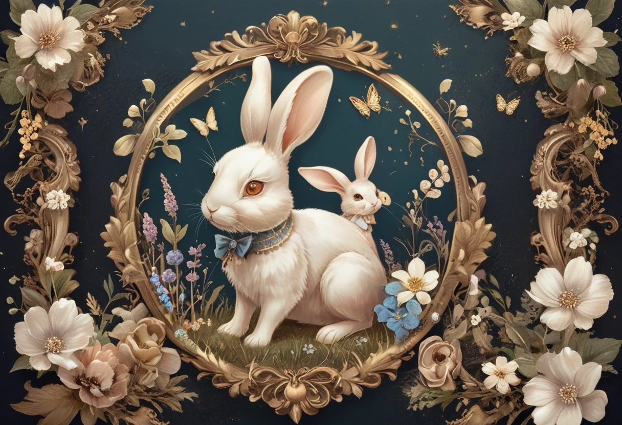 masterpiece、Highest quality、care、delicate、Background white、Collage Design、Sticker design、Seal Design、Evenly spaced、Baby rabbit、Her eyes sparkle、Cute Rabbit、リボンをtけているうさぎ、Various rabbits、Various poses、Fantasy、antique、flower、key、butterfly、Pocket watch、hourglass、antiqueデザイン、A lot of rabbits、lease、flower束、flower多め、１t１tデザイン大きい、(((Large margin for design、The designs are far apart)))、Bow knot、With border、