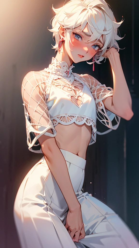 a femboy, anime boy, Youngh, wearing a long white crochet skirt, ashamed, blush cheeks, wearing earrings, wearing a white crop top, effeminate, feminized, red lipgloss stick, Caucasian skin