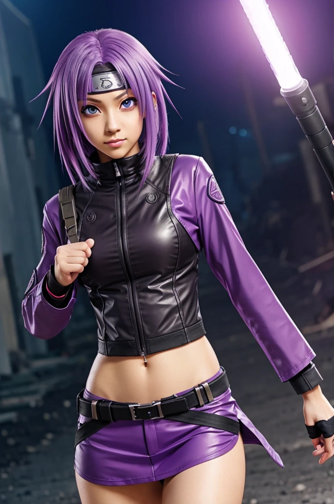 Slim woman anime character with light skin purple hair wearing combat clothes in Naruto style