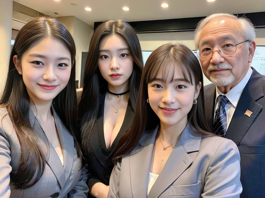 (A young and beautiful Korean female president dressed as a politician is seen with her elderly gray-haired grandfather and bearded father.,A photo of two cute  sisters taking a family photo:1.3)(Grinning expression:1.2)(20-year-old:1.3)(Huge , There is cleavage in the chest:1.2),(Sweating profusely)(Huge boobs)(Elegant, shiny, long black hair:1.2))(8k, RAW Photos, Highest quality, masterpiece: 1.2),High-resolution RAW color photos, Professional photos, Very detailed and beautiful,(she&#39;She&#39;s very skinny but has big breasts:1.4), Small face:1.Perfect anatomical figure、(Browsing Caution:1.1)(Huge breasts that make your clothes burst: 0.9) (Huge胸 :1.4)(Classy makeup,eyeliner/eye shadow,lipstick,Fair skin,Beautiful Skin)(Full body photo:1.1)(Shiny Hair:1.3)(lipstick:1.2)(Too big earrings:1.2)(Beautiful female college student:1.2)(セクシーな韓国人sister:1.2)(sister:1.1))(Family group photo:1.3)(Box Coverage,Press conference:1.2)Off-the-shoulder blouse,