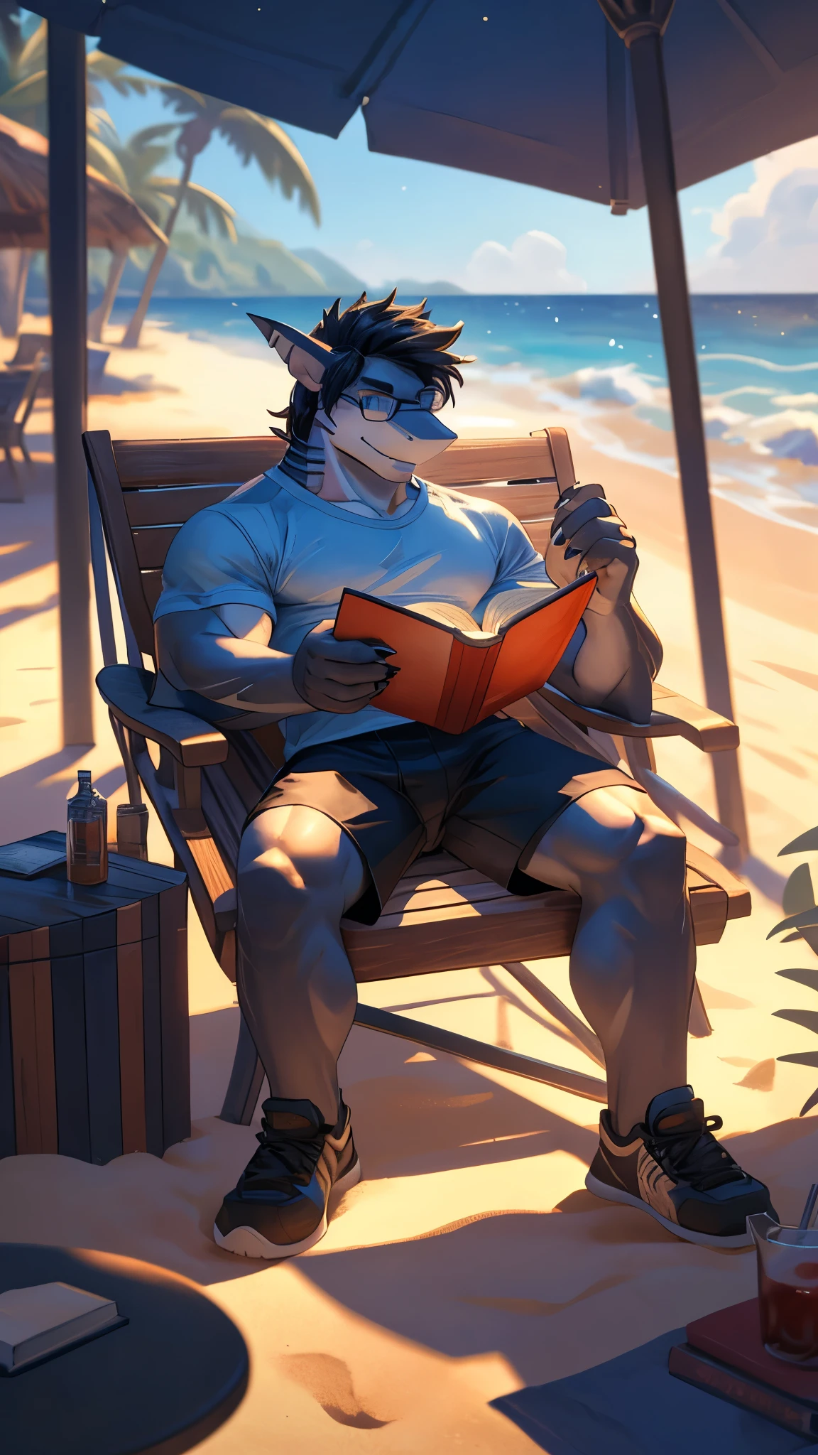 (solo), (anthro), ((furry)), ((shark)), (male), adult, ((muscular)), (muscles), ((wide shoulders)), (((perfect eyes))), (((perfect anatomy))), ((one fin)), ((gills)), (((shark's tail))), ((a little hairstyle)), ((lying in a hammock)), (palm trees), ((relaxed look)), ((soft smile)), ((reading the book)), (one book), ((reading glasses)), summer clothes, (t-shirt), (shorts), ((sneakers)), ((claws on the fingers of the hand)), (a table with soft drinks), (an umbrella from the sun), sea, sun, (sun rays), clouds, blue sky, ((waves)), sand, (small beach houses in the background), ((very beautiful lighting and shadows)), (very realistic lighting and shadows), ((cinematic lighting and shadows)), cinematic, ((very beautiful water)), (ultra detailed), ((best quality)), (smallest particles), ((depth of field)), (sharp focus), ((blurred background))