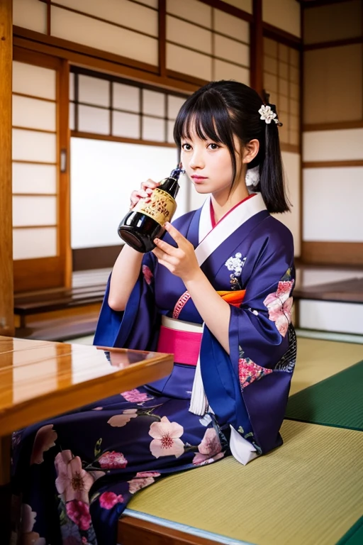 1girl, solo, japanese_clothes, kimono, alcohol, photo_(medium), sake