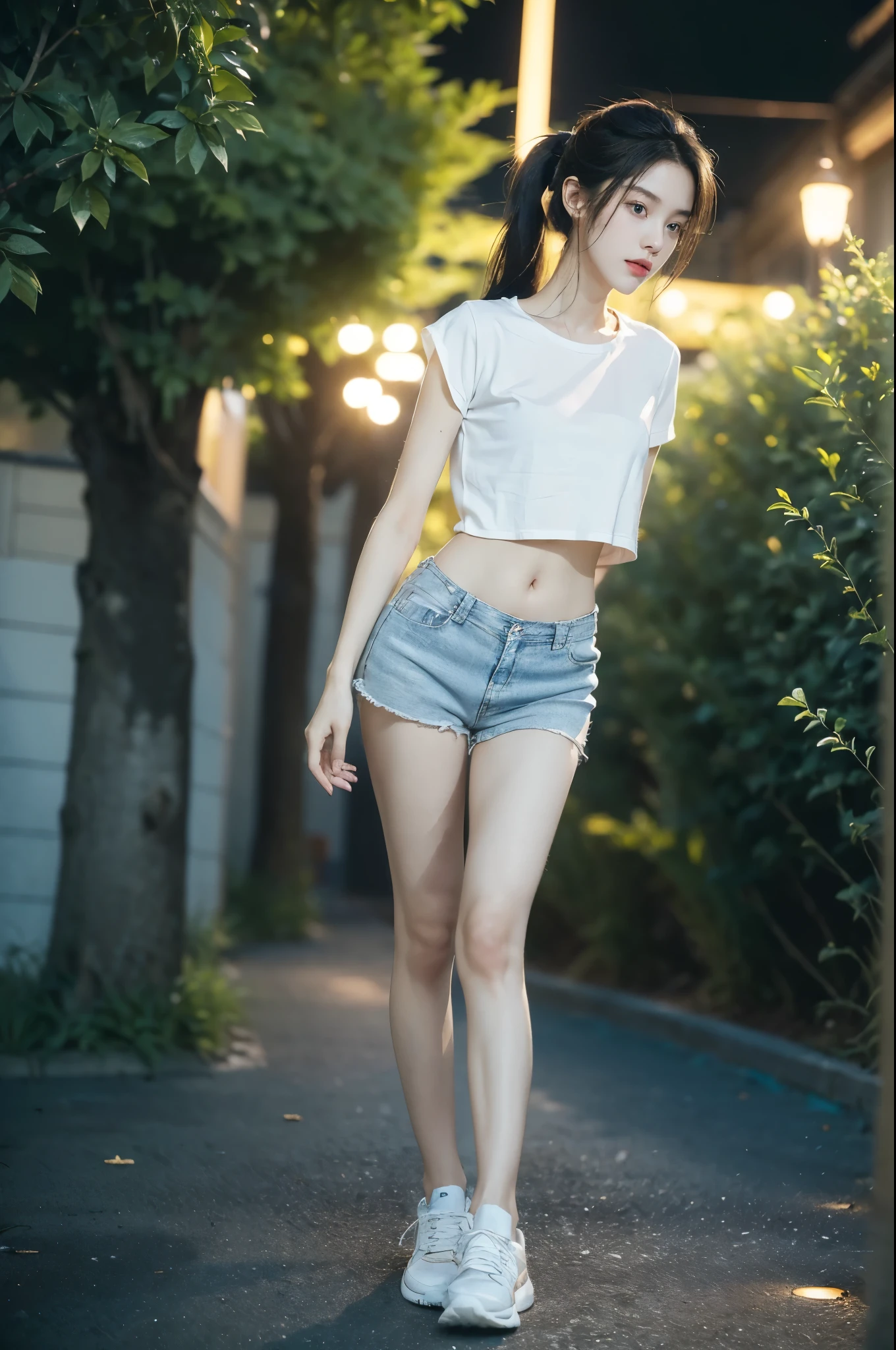 (((best quality))),(((ultra detailed))),(((masterpiece))),illustration,((1 beautiful girl,solo)),(short ponytail:1.2),((slim,thin)),((small breasts,flat chest)),((dimly lit garden courtyard, high-rise residential community)),(white short-sleeved T-shirt:1.3),(blue sports shorts:1.3),(navel:1.2),(slender legs:1.2),(sneakers:1.2),(standing:1.3),(arms behind back:1.3),youthful charm, vibrant energy, sleek hair, bright eyes, smooth skin, fair complexion, curiosity, adventure, graceful collarbones,concrete ground, streetlights, yellowish glow, tall buildings, shadows, eerie atmosphere, confident demeanor, ease, solitude, beauty, life, warm presence,(summer:1.3),(night scene:1.3),((from front,full body))