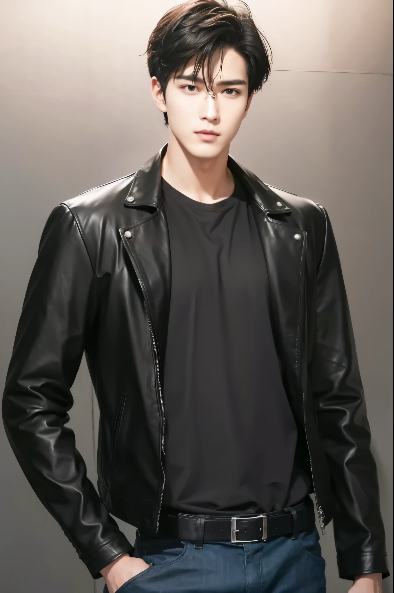 at office，wearing black leather jacket，two block haircut, Attractive man，Live-action photo，Handsome and sunny，（SLR effect，Reality，8K，Hyper-detailing，Absolute realism）