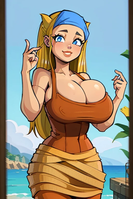 (best quality), (masterpiece), 1 girl, early 20's, huge heavy breasts, busty, massive breasts, thick, thick lips, wide hips, thin waist, lindsay, lindsaytdi, long blonde hair, blue eyes, bandana, yellow skirt, brown tank top, smiling