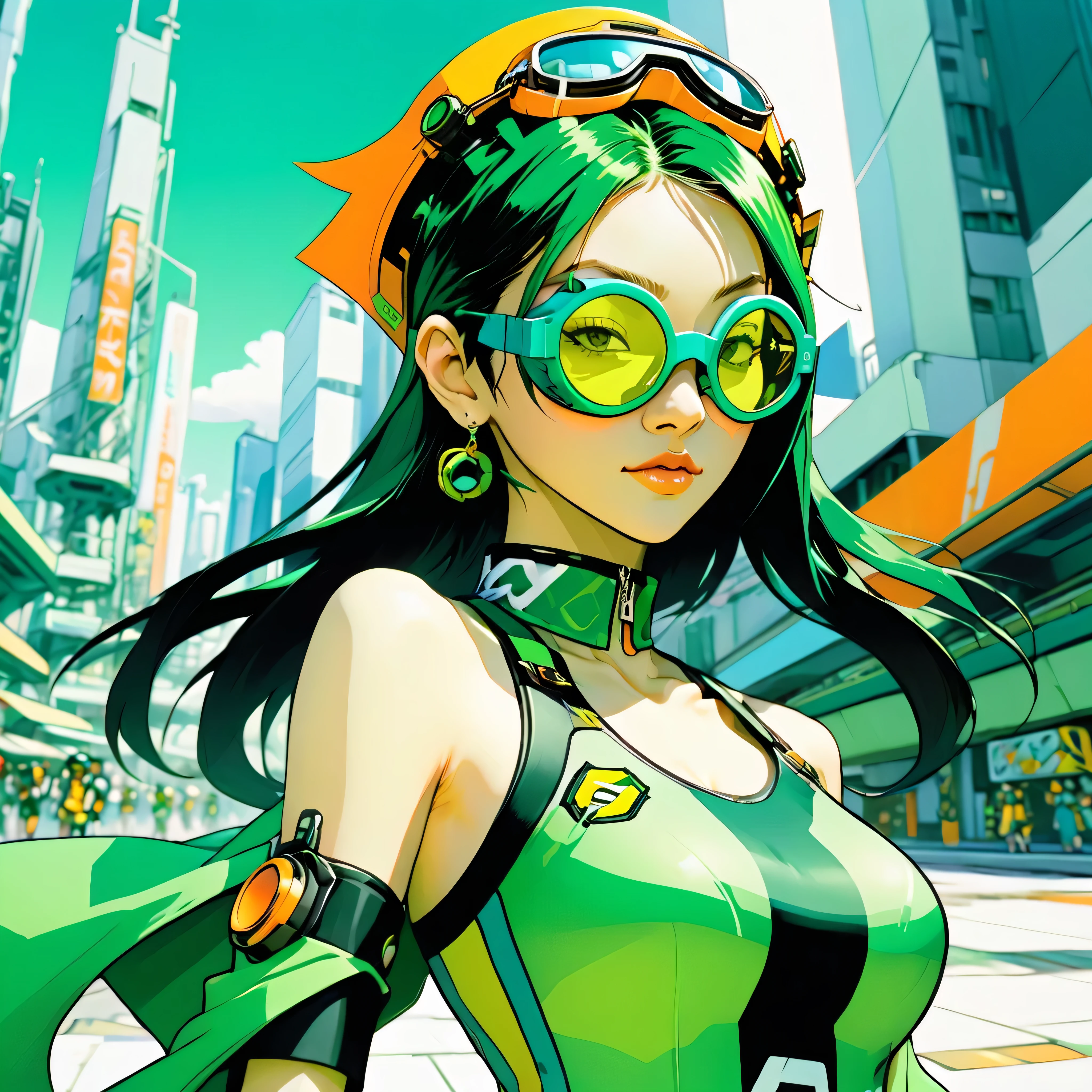 a close up of a woman in a green dress and goggles, jet set radio artwork, style of jet set radio, by Yoshihiko Wada, jet set radio, by Akihiko Yoshida, artstyle : ilya kuvshinov, by shirow masamune, cushart kenz, jet set radio future, ilya kuvshinov style