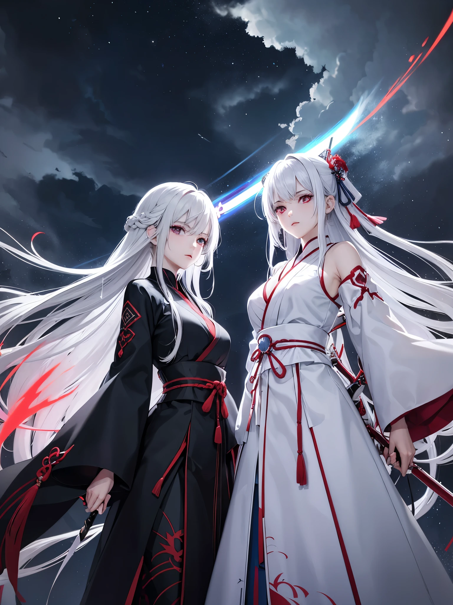 White Haired Woman、Red aura Black Haired Woman、Blue aura Both of them have Japanese swords Glaring at each other in the storm The afterglow in their eyes high quality