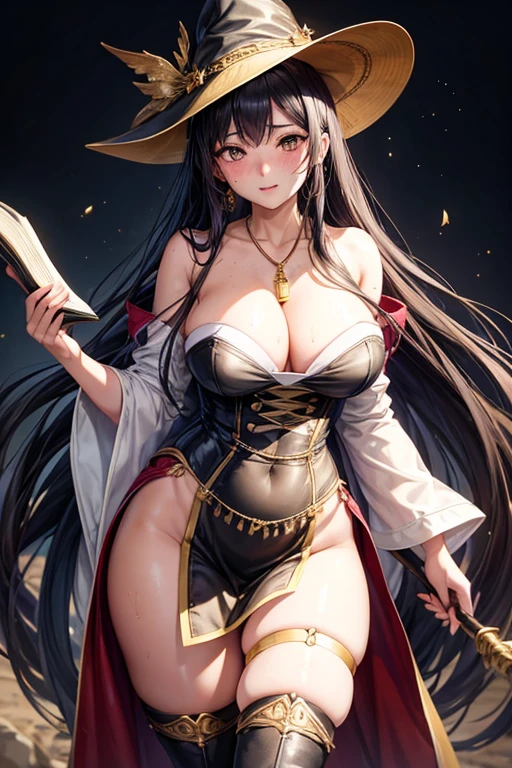 Kaori, Single model, solo, half Asian, half Latino, very long straight black hair, freckles, blushing, wet eyes, long chain pendant, very large heavy breasts, chubby, belly, stretchmarks, mage, purple runed robes with gold trim, leather straps, corset, white lace, spellbook, crooked wizard hat, thigh high boots, one stocking, , thigh showing, cleavage, staff, familiar 